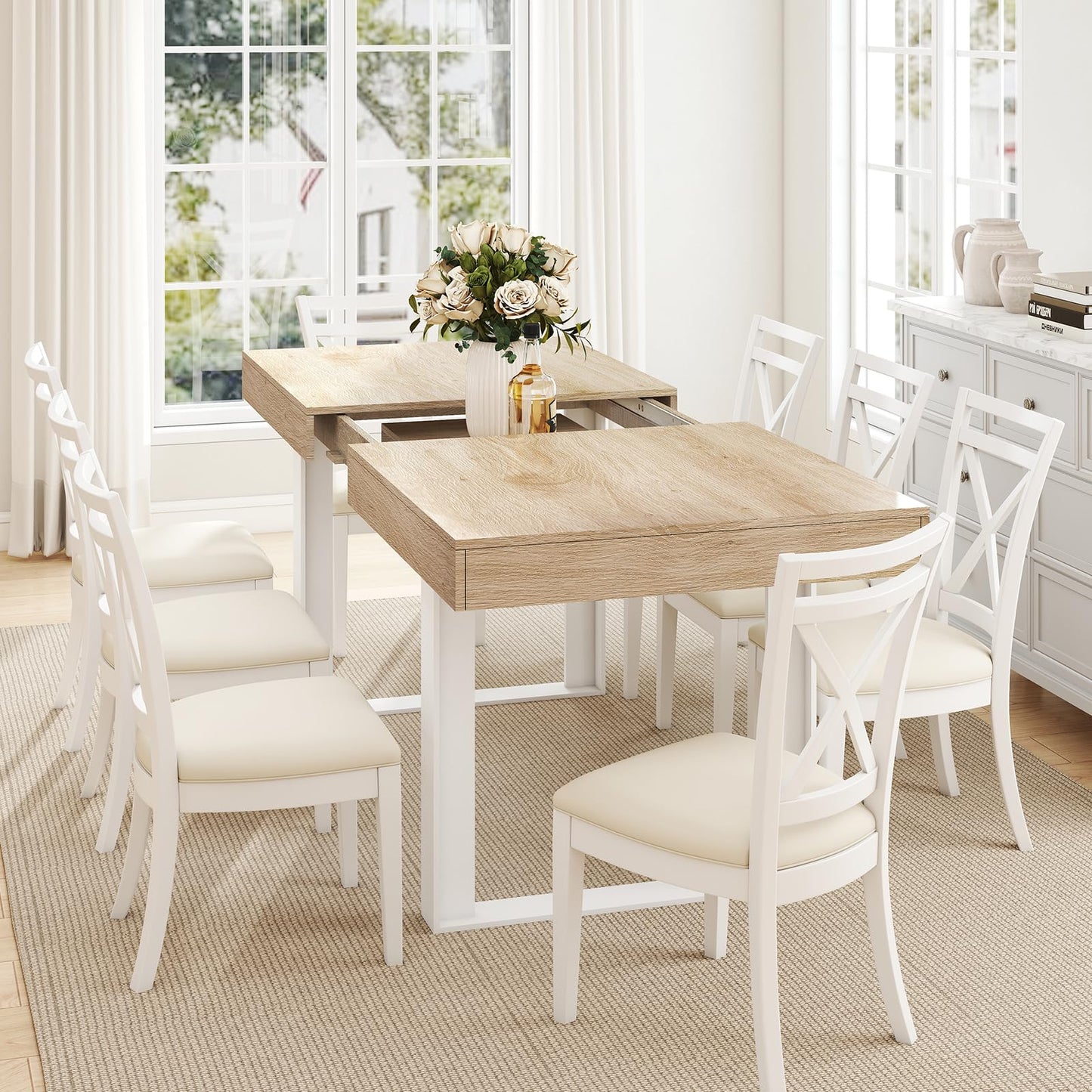 Zevemomo 63"-78.7" Expandable Dining Table, 6-10 Farmhouse Kitchen Table, Extendable Dining Table, Rectangular Kitchen Table with Metal Track, Tapered U-Shaped Legs for Dining Room, Office-Oak