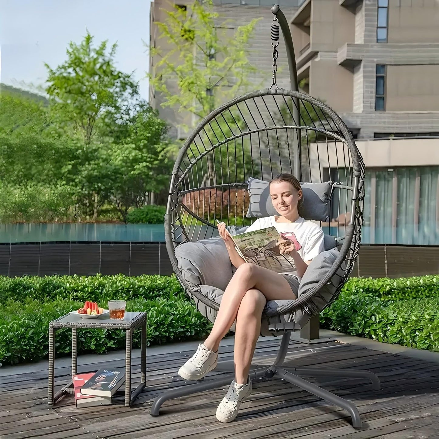 GREEN MORE Oversized Egg Swing Chair with Stand, Hanging Swing Chair, Foldable Hammock Chair with Steel Frame, 350LBS Capacity for Patio Garden Bedroom, Grey