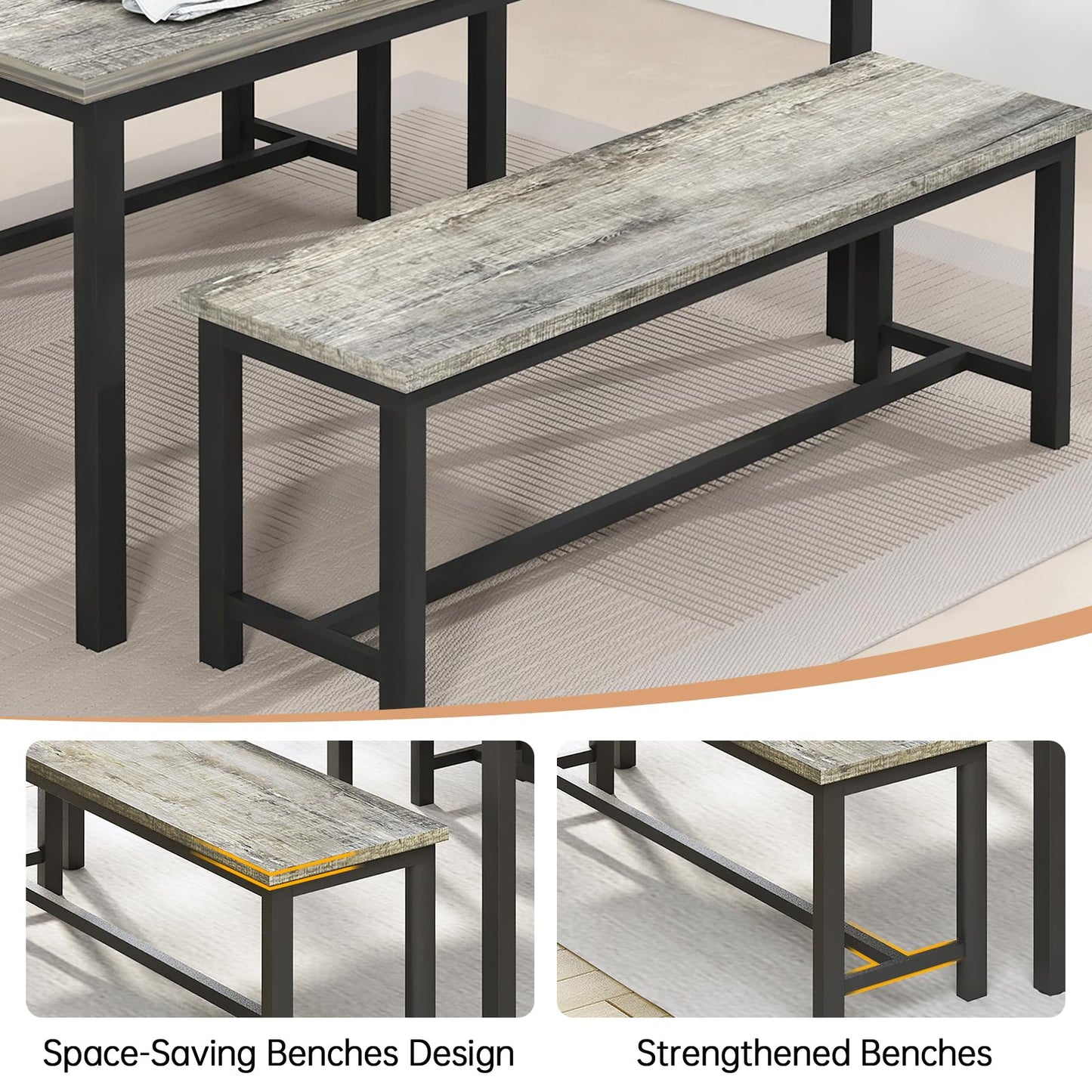 Recaceik Dining Room Table Set for 4, Modern Kitchen Table Set for 4 with 2 Bench for Small Kitchen and Dining Room Furniture (Grey & Black)