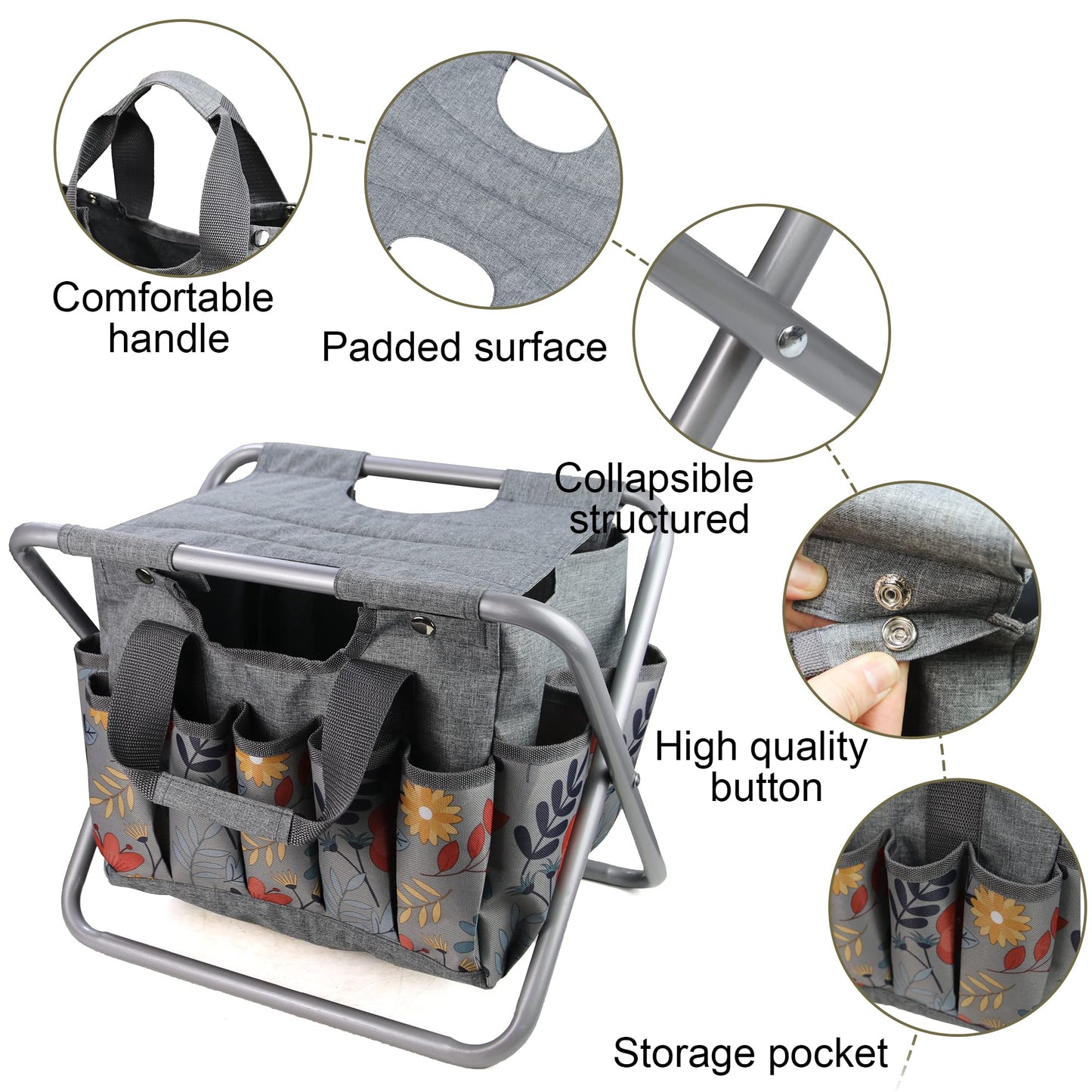 MDSTOP Folding Gardening Stool with Detachable Storage Tote Bag, Gardening Tools Set Organizer for Fishing Outdoor Sports Hiking Camping Garden, Gardening Gifts for Mom/Dad, Without Tools (Aluminum)