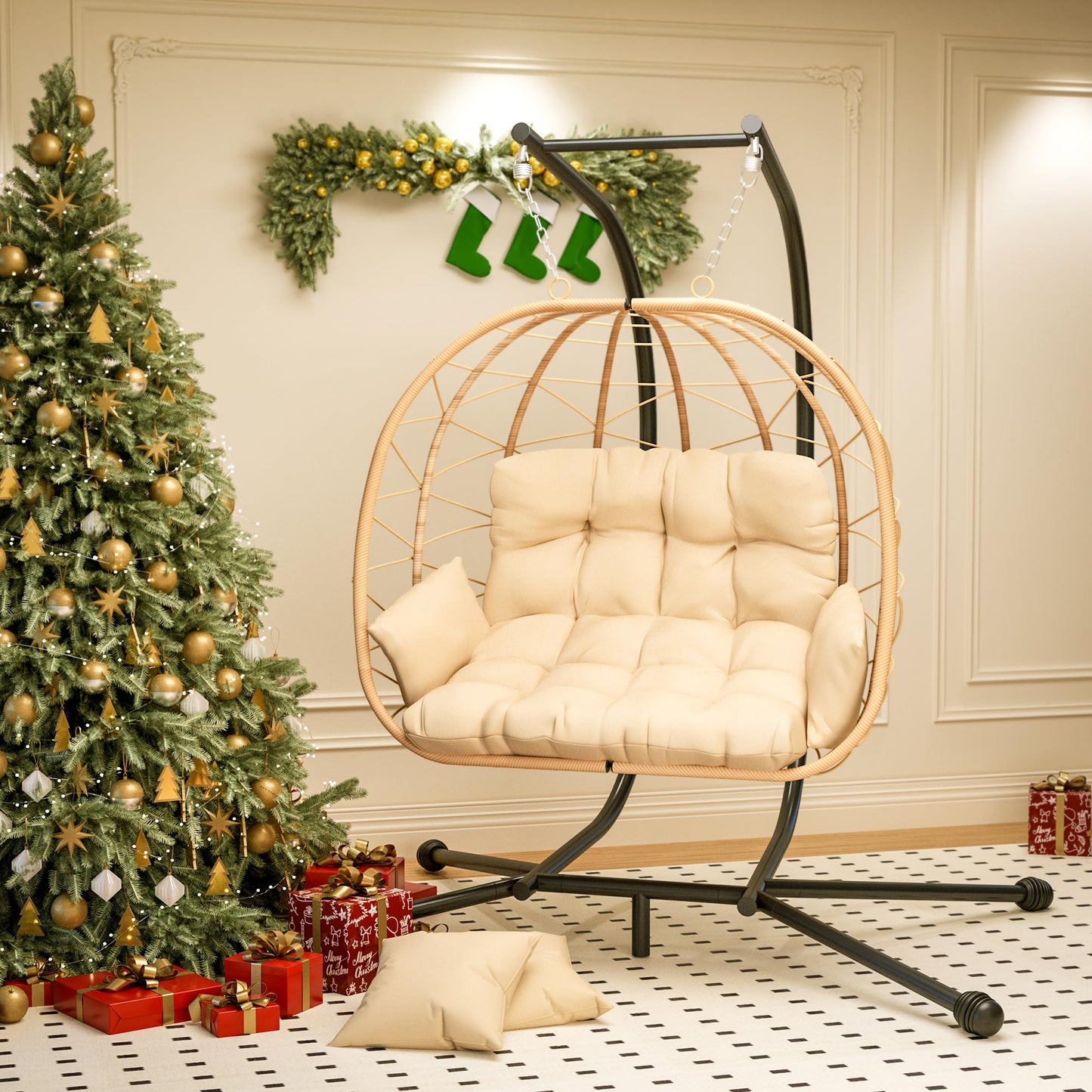 Pamapic Double Egg Chair wth Stand, 700 LBS Loveseat Rattan Swing Chair, UV Resistant Cushions with Armrests and Headrest, Thick Steel Frame Hammock Swing for Outdoor, Patio, Indoor(Beige)