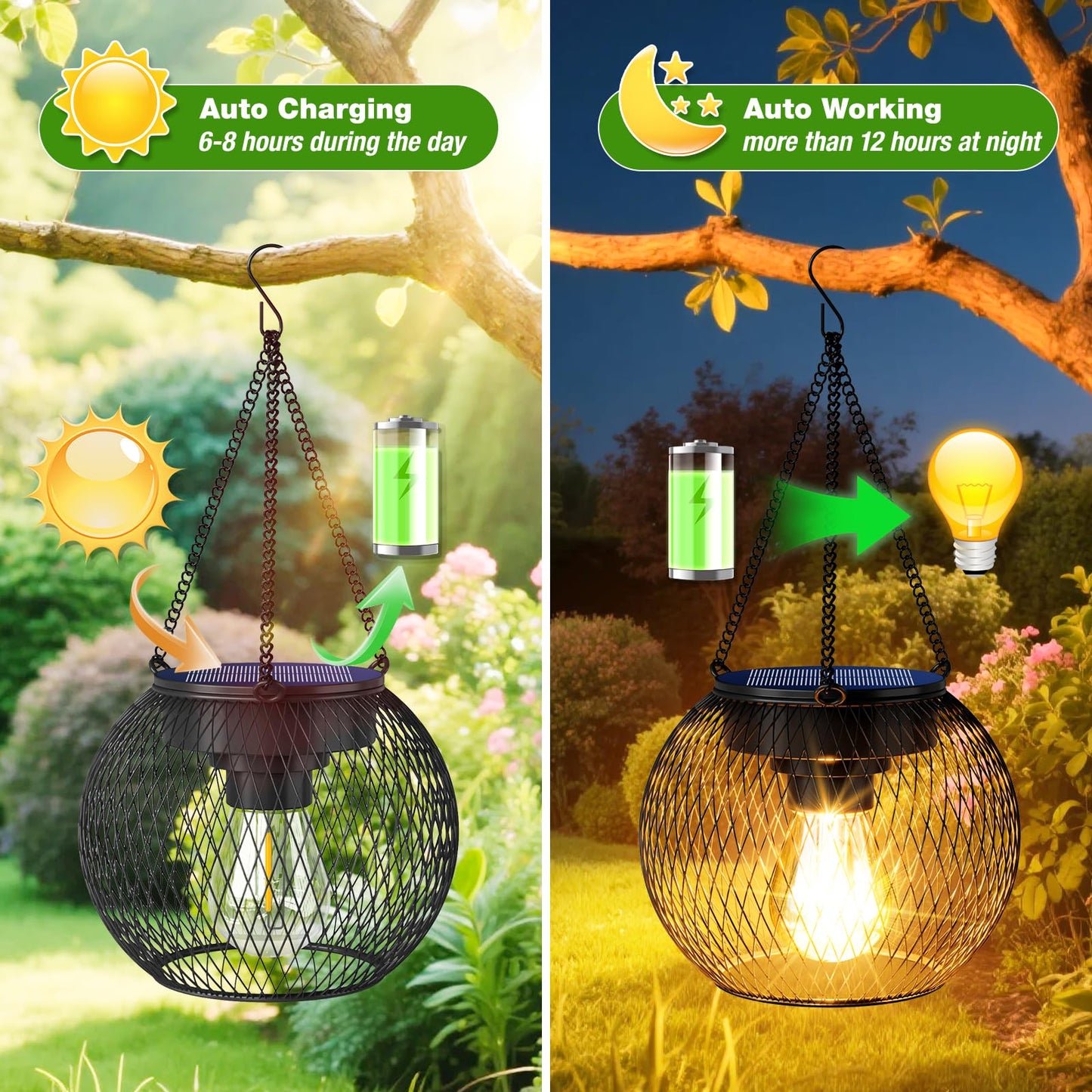 TANCUZO Solar Lanterns Outdoor Waterproof 4 Pack, Upgraded Metal Solar Hanging Lights with Hooks & Auto On/Off, Brighter Warm Outdoor Hanging Lantern Lighting for Porch Garden Yard Pathway Decor