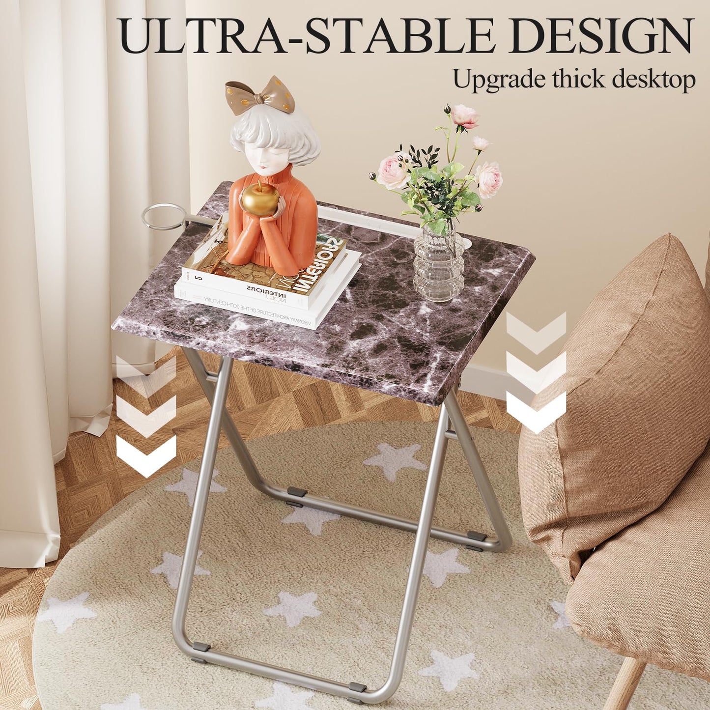 Fleecy day Folding TV Tray Table with Cup Holder, TV Dinner Table with Sturdy MDF Top, Eating Trays with Tablet Slot for Living Room, Bedroom, Sofa, 15 x 18.9 x 25.6 in (Black Marble, 2Pcs)