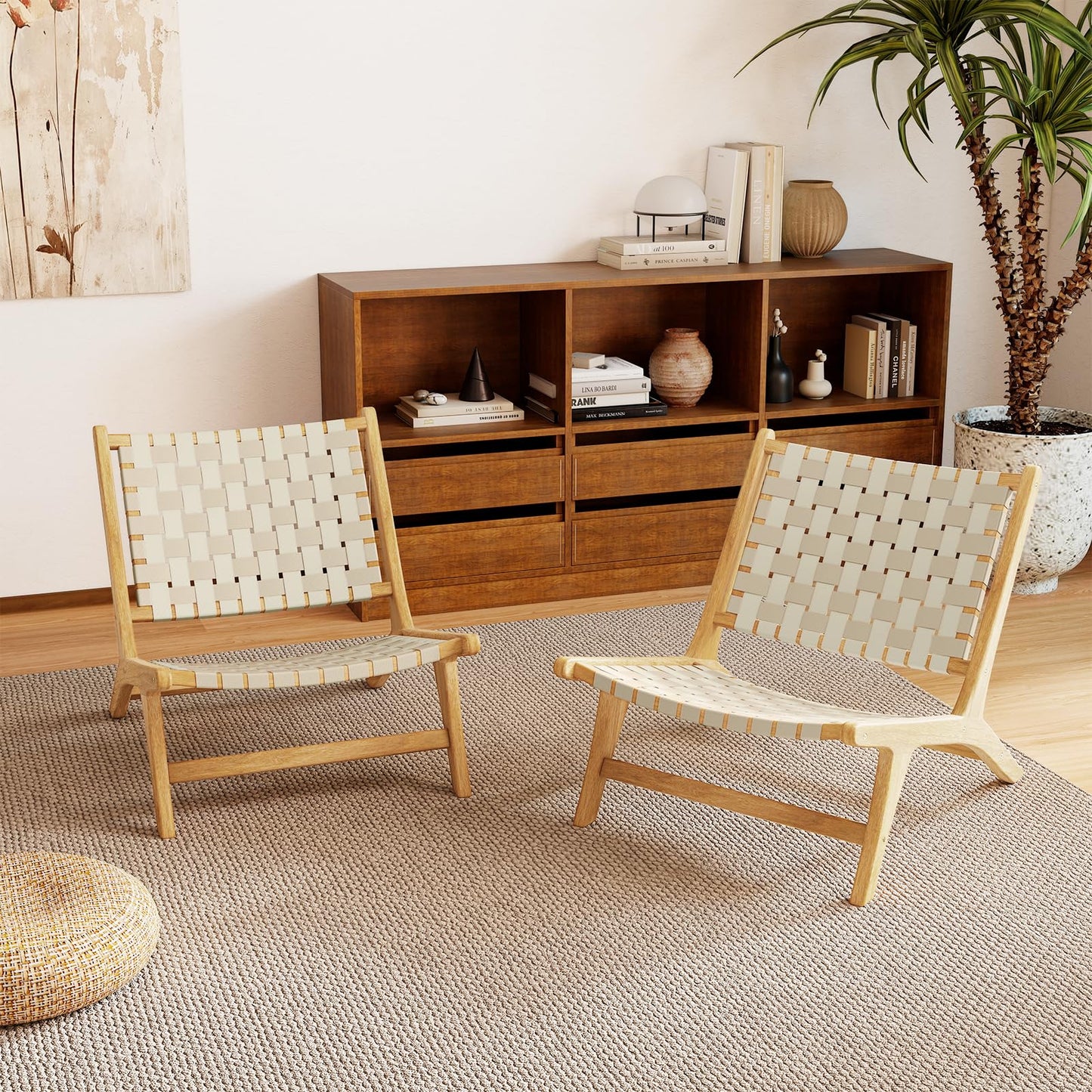 Tangkula Teak Wood Patio Dining Chair, Outdoor Wooden Mid-Century Accent Armless Chair w/Webbing Seat & Backrest, for Living Room, Balcony, Porch, Backyard, Lawn, Poolside, Garden, Deck (Natrual,2)
