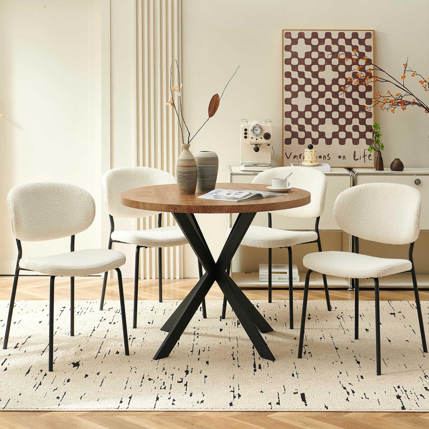 Homedot Round Dining Table Set for 4, Modern 5-Piece Kitchen Table Set, 37" Round MDF Living Coffee Table with 4 Seated Boucle Dining Chairs Upholstered, Metal Legs for Dining Hall, Living Room