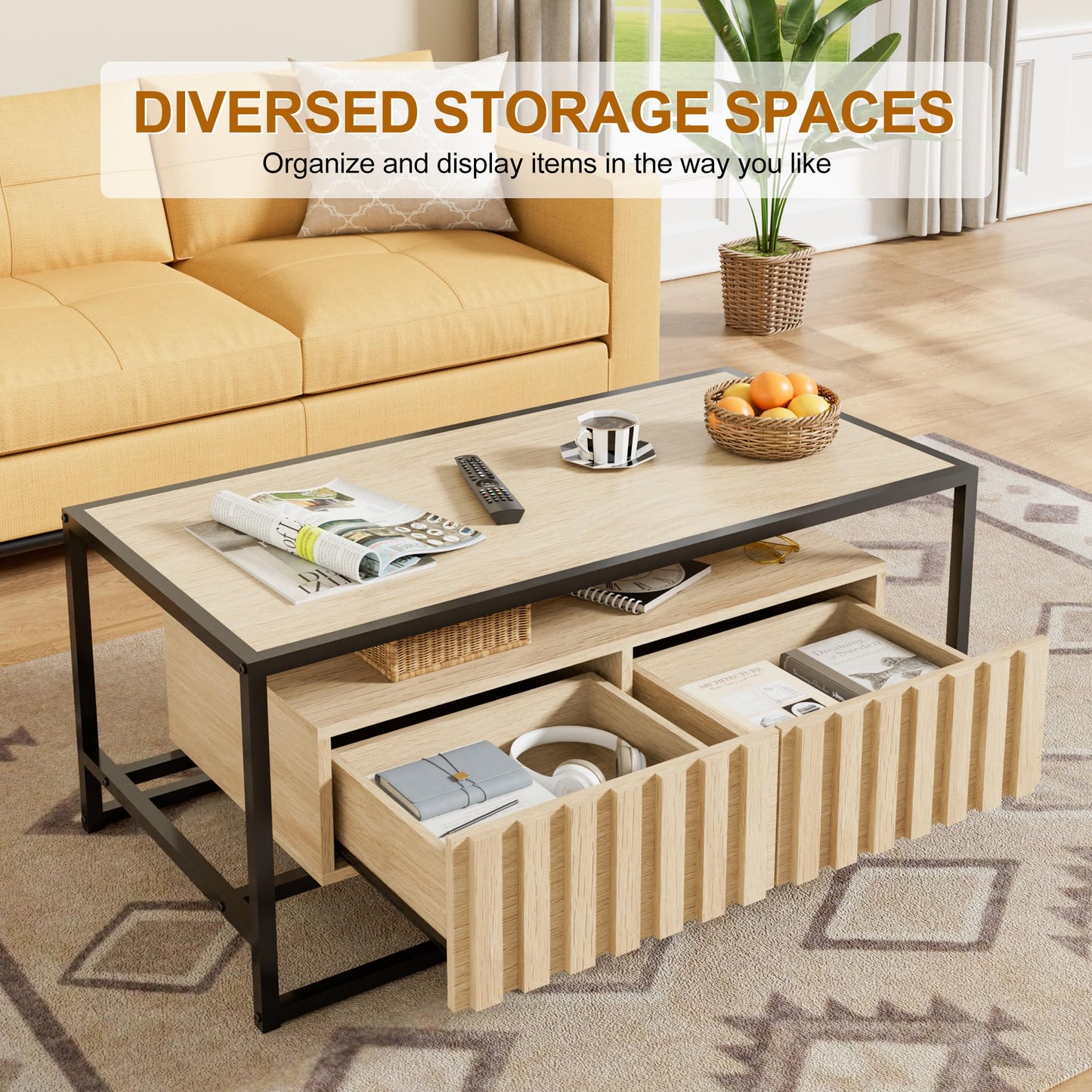 UEV Coffee Table Set of 3,Living Room Table Set,Mid Century Coffee Table,End Side Tables Set of 2 with 2 Drawer for Living Room & Bedroom,Ivory White