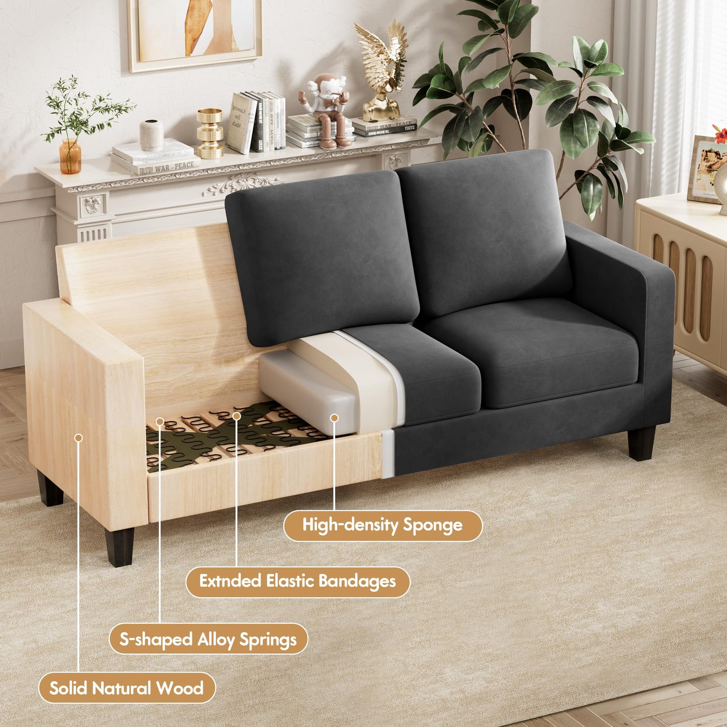 VICTONE Convertible Sectional Sofa Couch, 3 Seat L-Shaped Sofa with Linen Fabric Ottoman Small Couch for Small Apartments, Living Room and Office (Linen Fabric, Dark Gray)