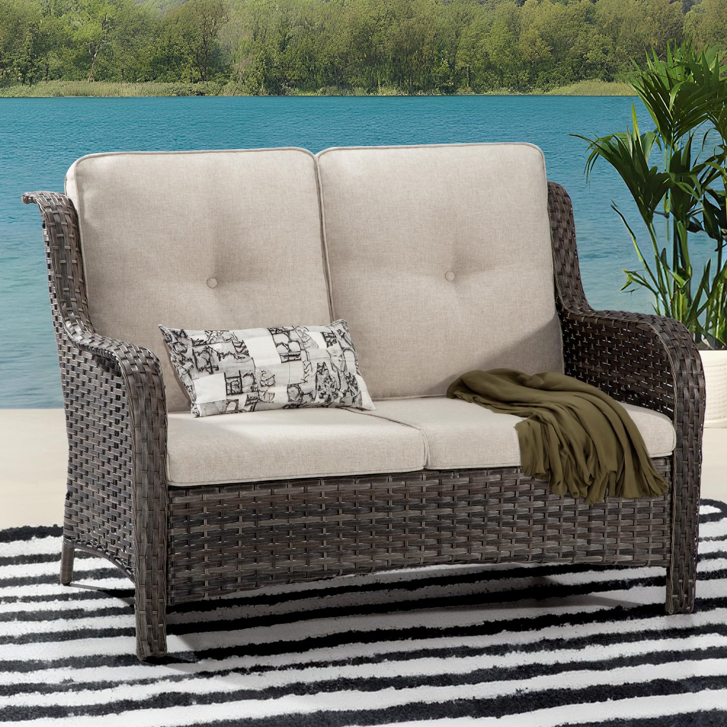 Joyside Outdoor Patio Wicker Loveseat Sofa - 2-Seater Rattan Sofa for Outside Patio Garden with Deep Seating and Olefin Cushions(Mixed Grey/Beige)