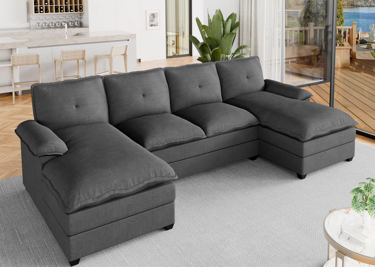 Meilocar 110“ Sectional Couches for Living Room, U-Shaped Sofa Couch with Double Chaise, Cloud Couch Sectional Sofas 4 Seat Sofa Set for Living Room, Black