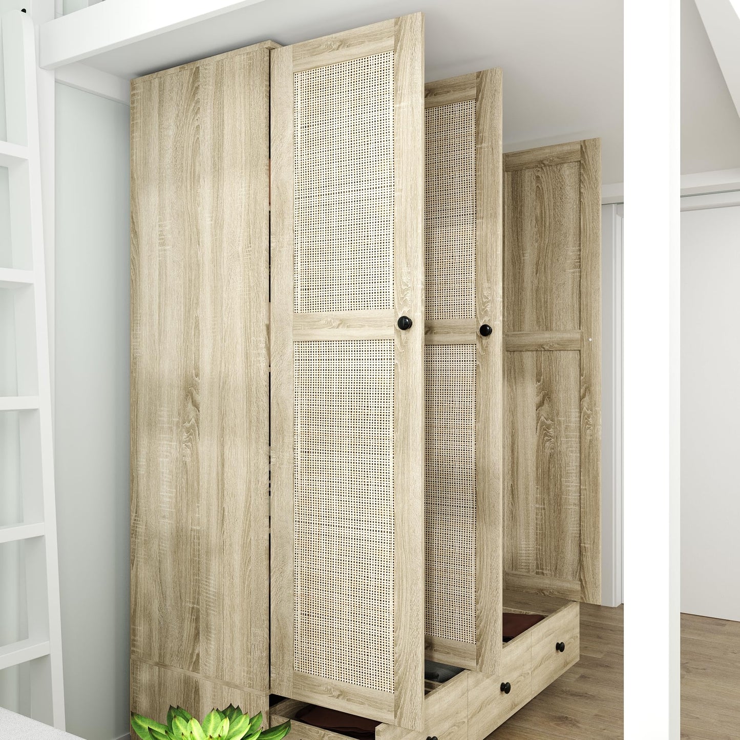 Hitow Ratten Wardrobe Armoire Closet, 3 Door Rattan Closet Wardrobe Cabinet with 3 Drawers & Hanging Rod, Storage Wardrobe Armoire Dresser for Bedroom Organizer (47.2" W x 18.9" D x 70.9" H)