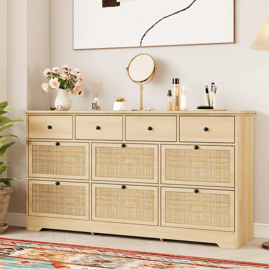 Brafab 10 Drawer Rattan Dresser for Bedrroom, 59" Wide Natural Wood Dressers, Long Boho Chest of Drawers, Mid-Century Light Oak Dresser TV Stand, Large Clothes Storage Cabinet