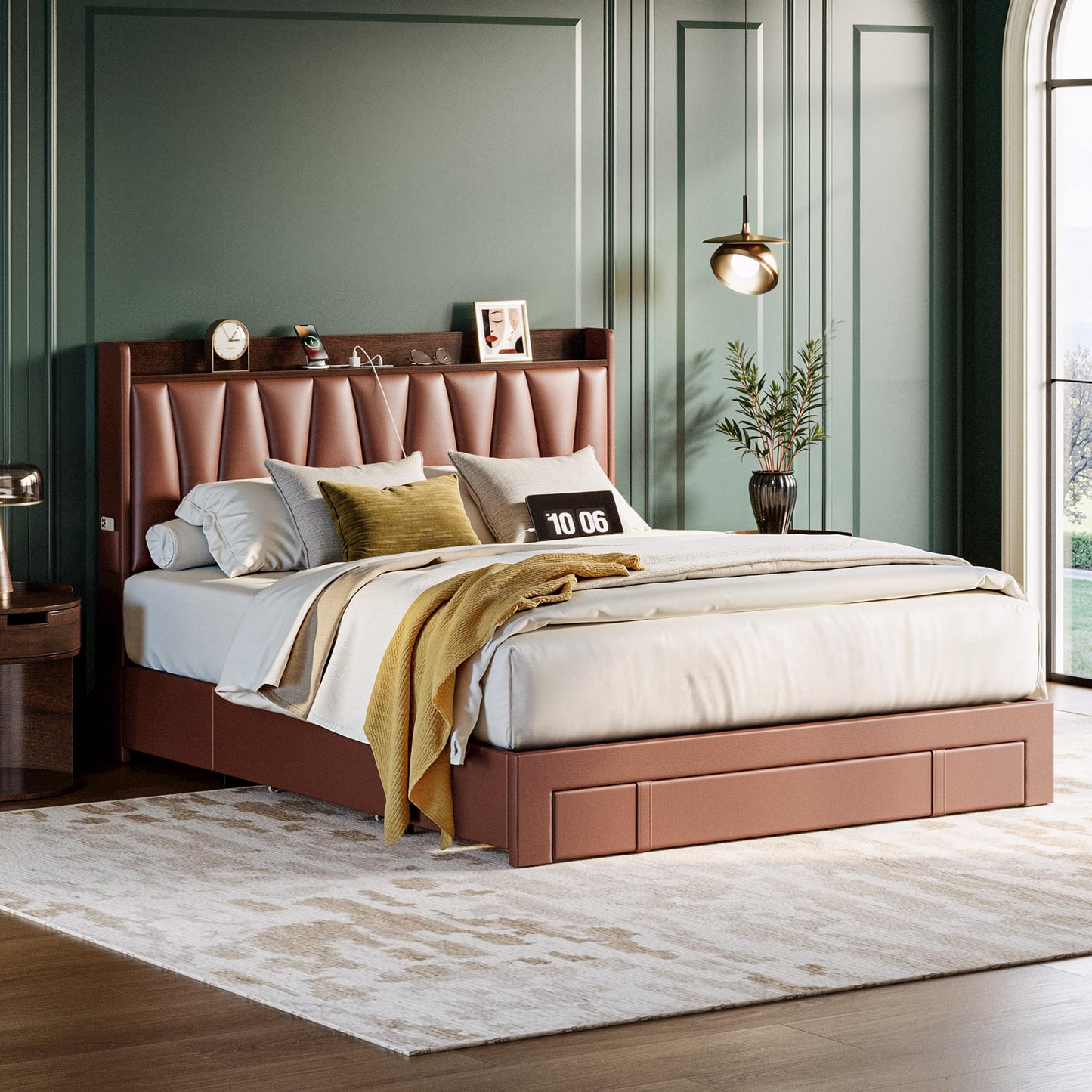 ANCTOR Queen Bed Frame with 3 Drawers, Storage Headbord with Charging Station, Platform Storage Bed Frame for Bedroom, Living Room, No Box Spring, Faux Leather, Brown