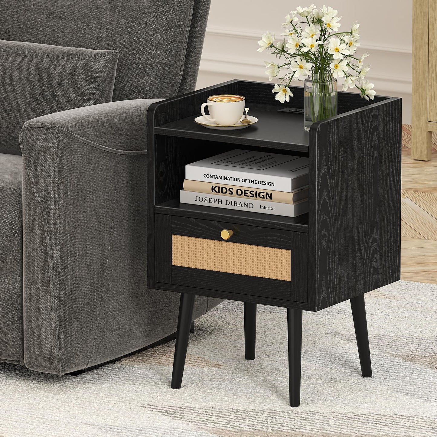 Night stand Set of 2, Bedside Tables with Charging Station, Rattan End Tables, Bed Side Tables, Wood Nightstands set of 2 for Farmhouse Kids' Room Bedroom Living Room Dorm Sofa Office Corner(Black)