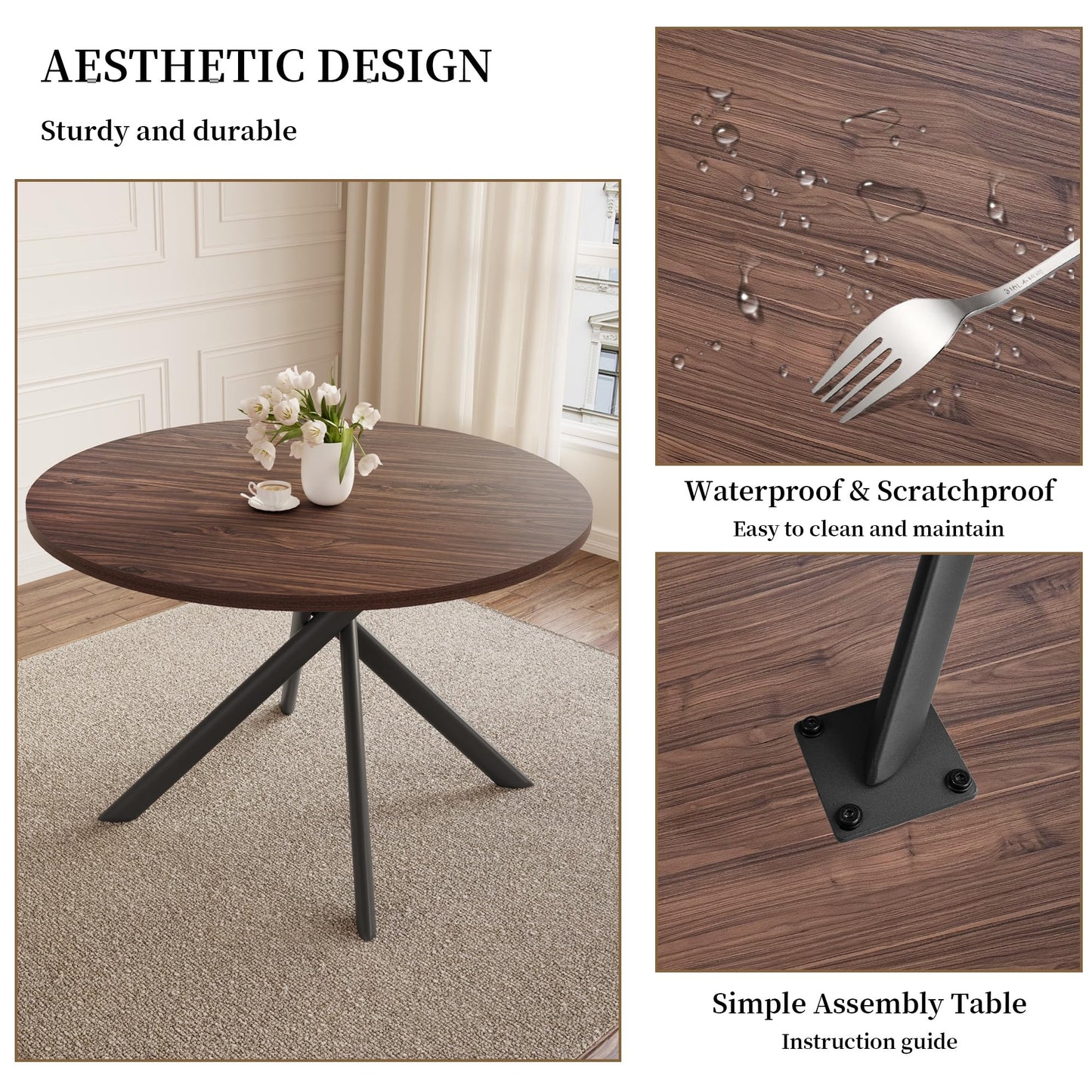 HIPIHOM 45.3 Inch Round Dining Table Set for 4, Mid Century Modern Small Coffee Set for Dining Room Kitchen Apartment (Walnut Table + 4 U-Shaped Brown Chairs)