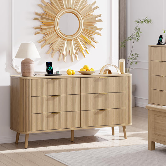 Alohappy Fluted 6 Drawer Dresser with Charging, 57" Wide Wood Dresser TV Stand, Mid Century Modern Long Dressers with Curved Profile Design for Closet (Natural Oak, 17.7" D x 57" W x 31.5" H)