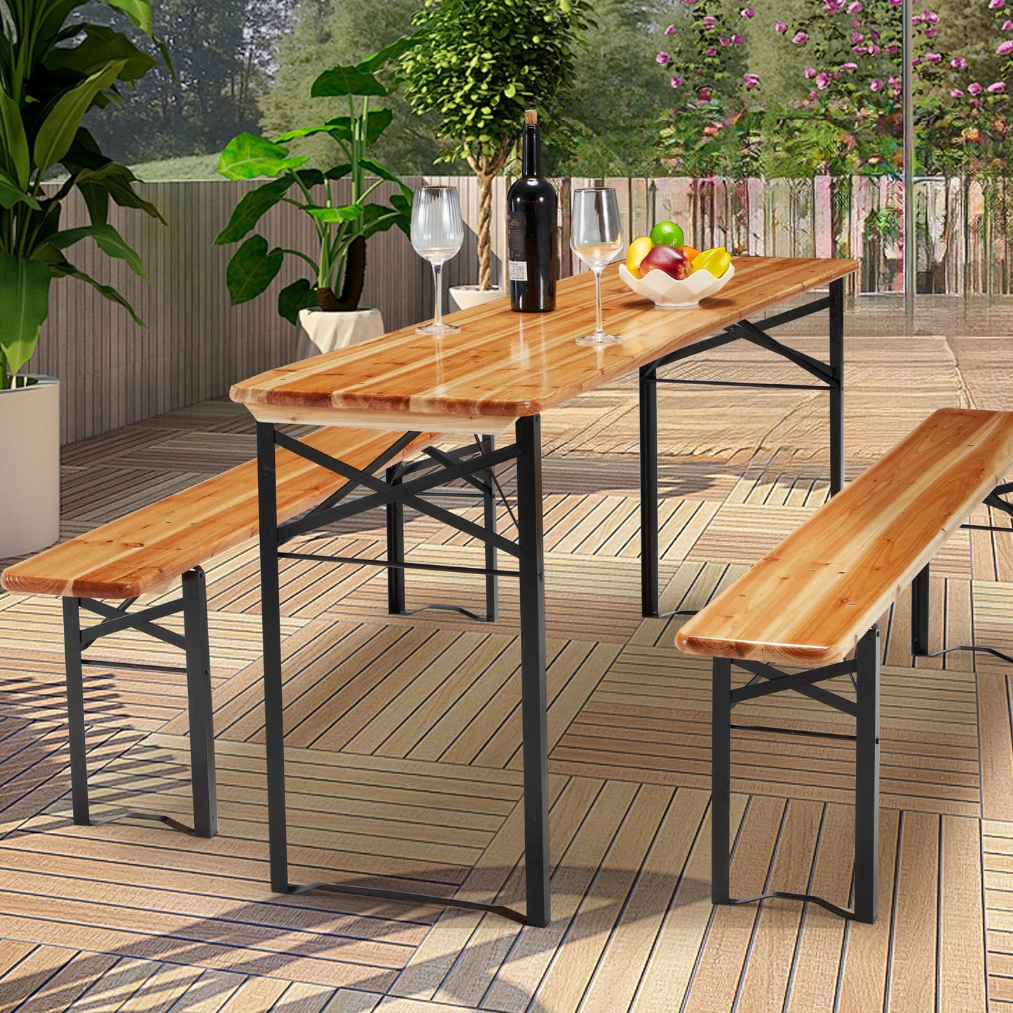 HOMREST Folding Picnic Tables with 2 Benches Set,70" 3-Piece Portable Table for 6-8 Persons，Outdoor Dining Table with Weather-Resistant Wooden and Sturdy Steel Frame for Patio,Party,BBQ and Camp