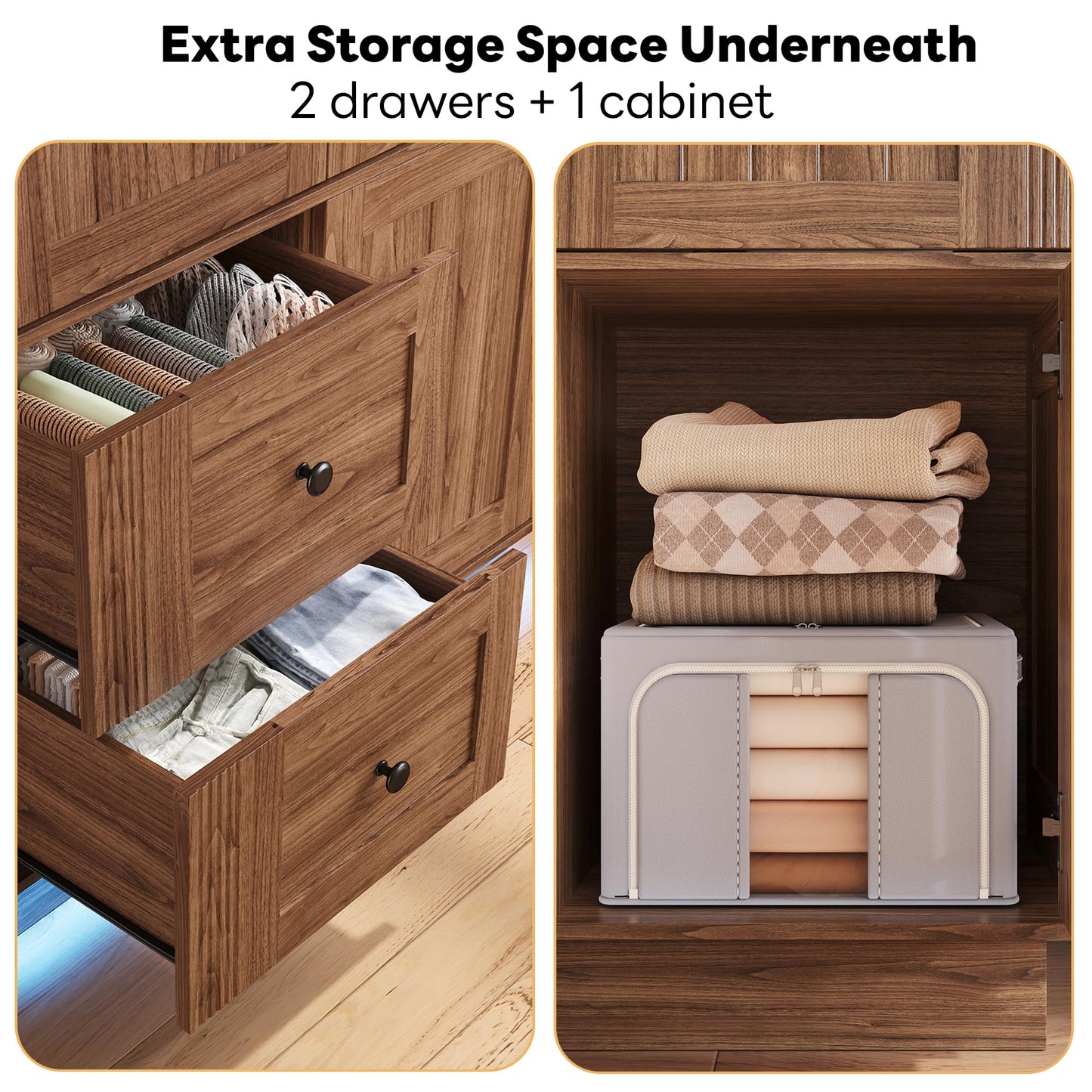 LIKIMIO Farmhouse Wardrobe Closet with Doors, 70" Bedroom Armoires with LED Lights and Hanging Rod, Wooden Large Wardrobe Cabinet with 2 Drawers and 1 Cabinet, Walnut