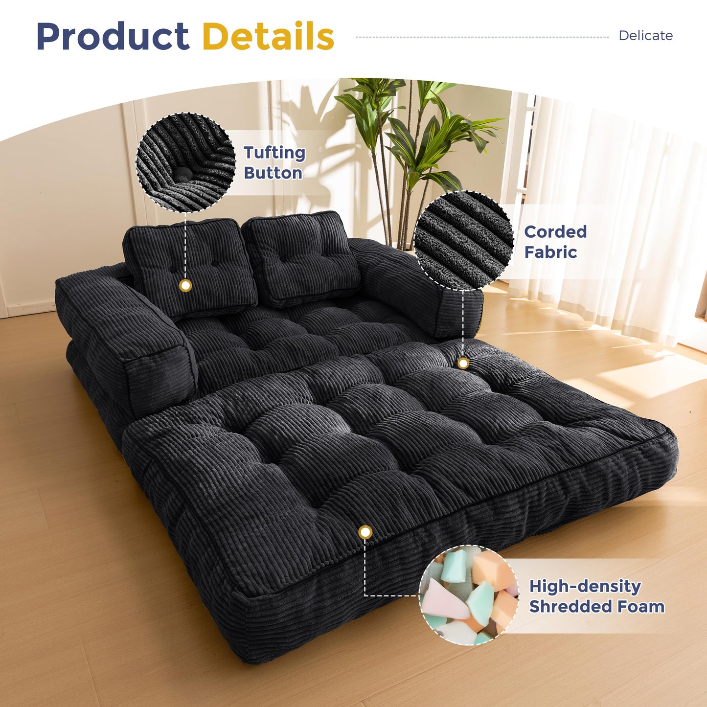 MAXYOYO Folding Sofa Bed, L-Shaped Convertible Sofa Bed with Armrest Foldable Sleeper Couch with Pillow, Portable Fold Out Chair Comfy Floor Couch Lounge for Living Room Bedroom, Black, Double