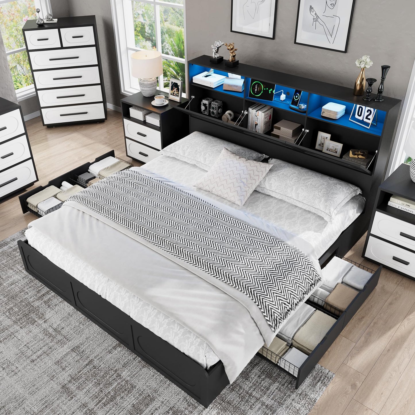 Modern Black King Size Bed Frame with 4 Storage Drawers, 48" Tall Storage Headboard with Charging Station, Platform Bed with LED Lights, No Box Spring Needed, Easy Assembly