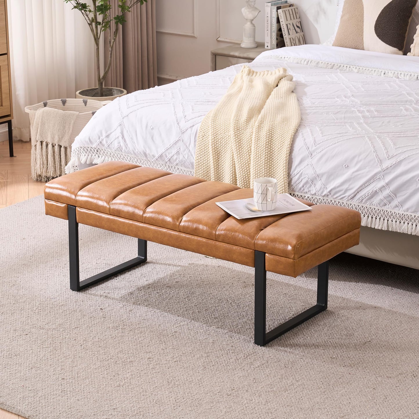 AIITTCC Faux Leather Ottoman Bench, Tufted Padded End of Bed Bench with Metal Legs, Upholstered Dining Table Bench Shoe Bench for Bedroom Living Room Entryway Window (Camel Brown, 46" Wide)