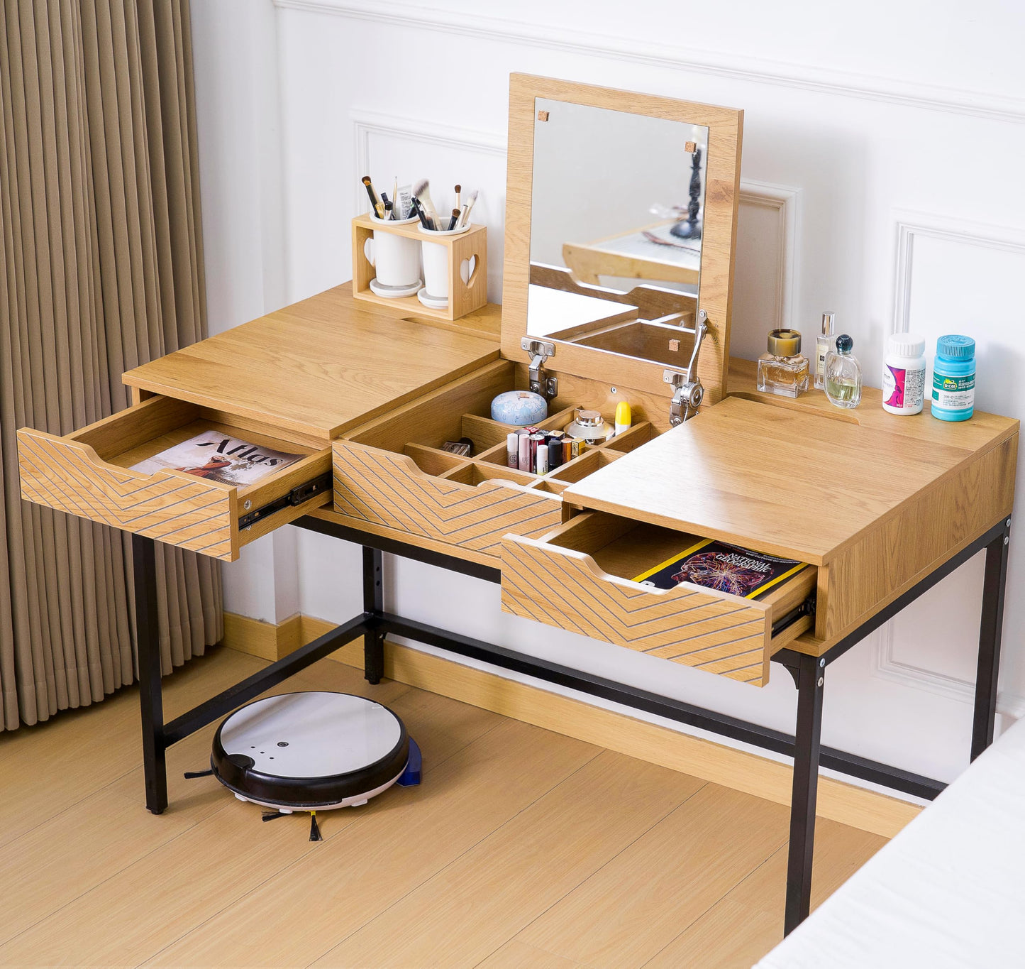 TEKAMON 47" Makeup Vanity Desk with Mirror，Girls Vanity Dressing Table for Bedroom, Home Office/Computer Desk with 2 Drawers, Study Desk with Cable Management, Natural Wood