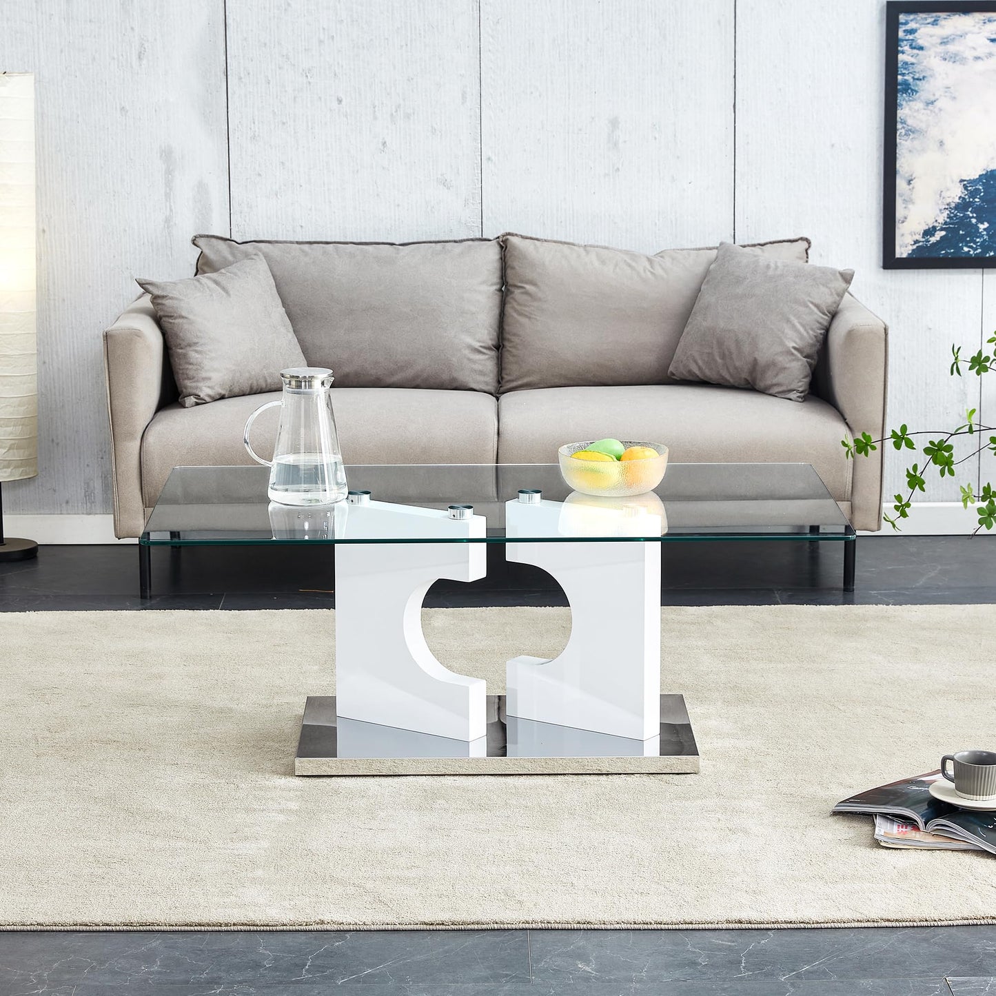 Henf Modern Luxury 47" Rectangle Glass Coffee Table for Living Room, Home Office, Tempered Glass Top, White Legs & Silver Base