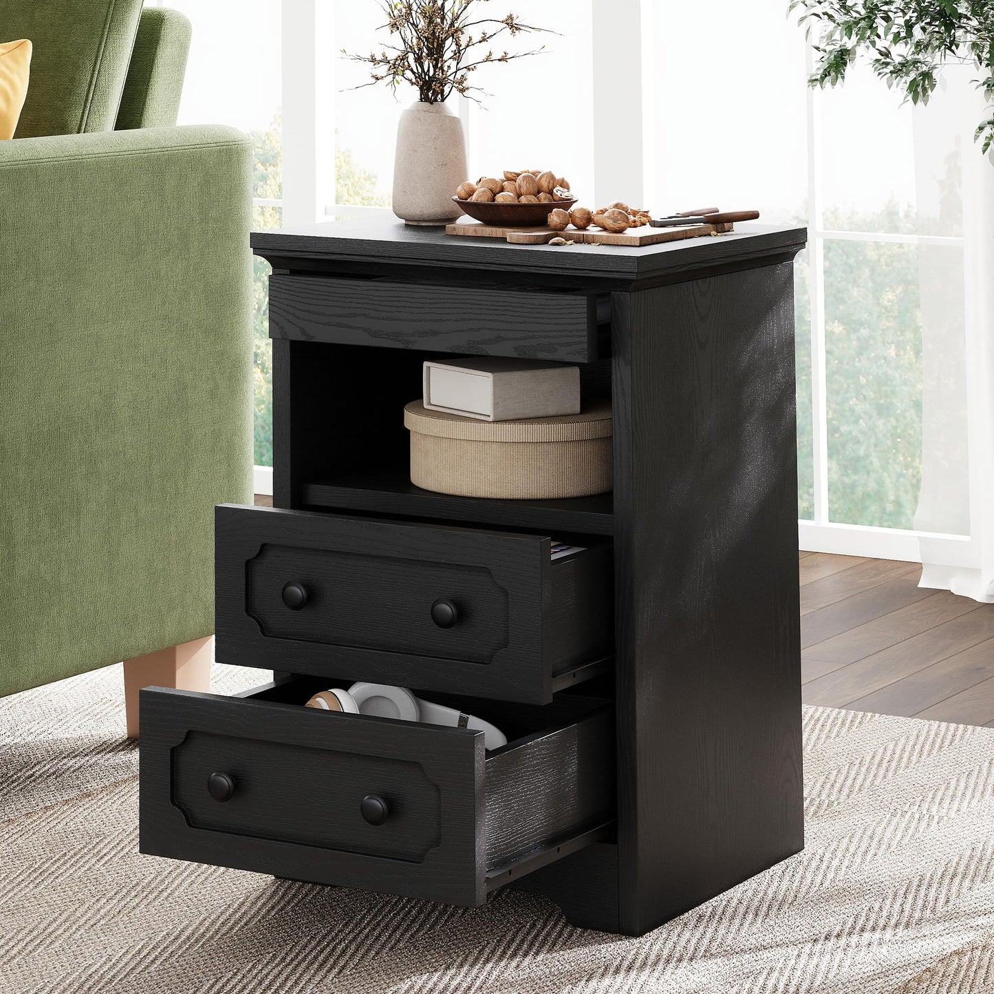 LIKIMIO Night Stand, Modern Bedside Table with 2 Drawers, Open Shelf, End Table with Pull-Out Tray, Wood SideTable, Black