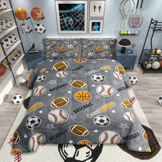 Boys Ball Sports Themed Bedding Set Twin Size Baseball Bat Soccer and American Football Comforter Set 2pcs Kids Teens Cartoon Grey Quilted Duvet Ball Sports Games Bedspread Modern Bedroom Decor