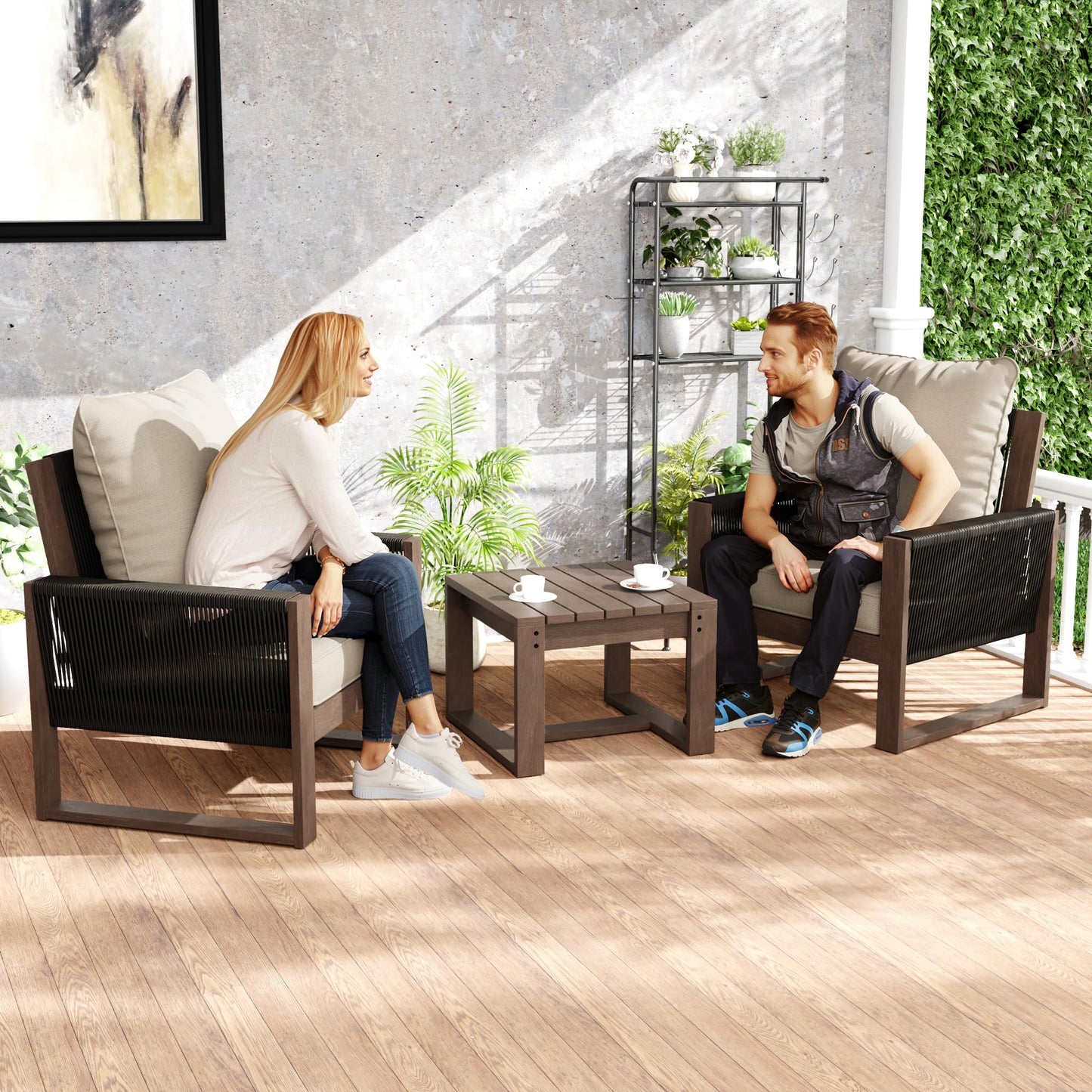 Audumas Patio Chairs 3 Piece Wood Patio Furniture with Coffee Table & Cushions, PE Wicker Outdoor Conversation Set Balcony Chairs for Garden, Porch, Deck, Backyard