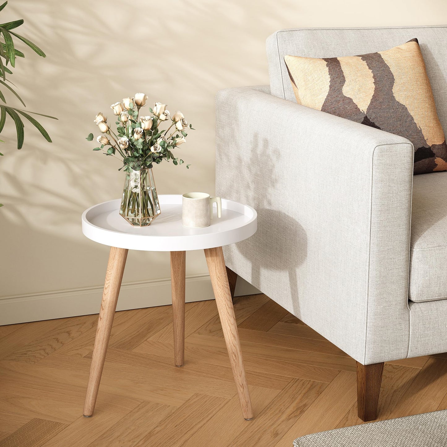 Apicizon Round Side Table, White Tray Nightstand Coffee End Table for Living Room, Bedroom, Small Spaces, Easy Assembly Bedside Table, 15 x 18 Inches