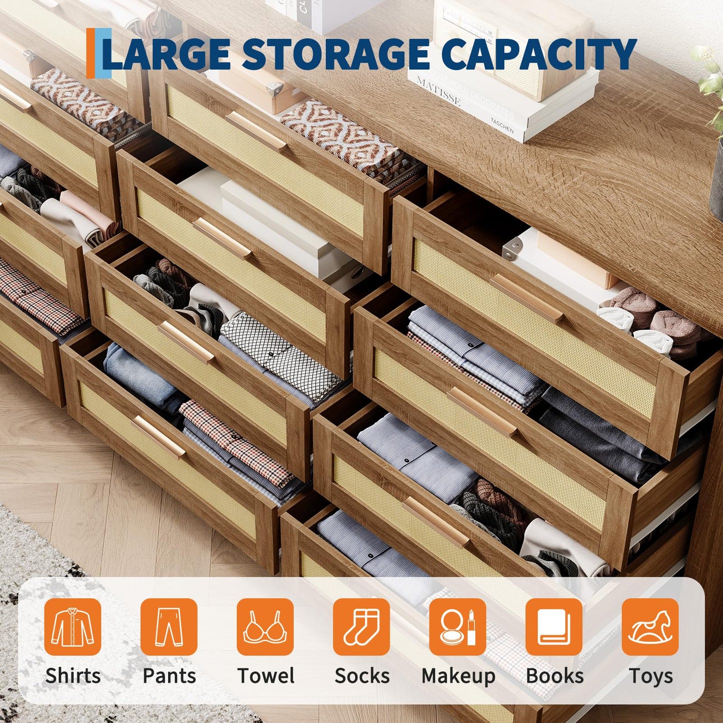 Hipicute 12 Drawer Dresser for Bedroom, Modern Rattan Chest of Drawers, Wood Storage Organizer with Rattan Panel Drawers and Handles, for Nursery, Entryway, Living Room, Natural