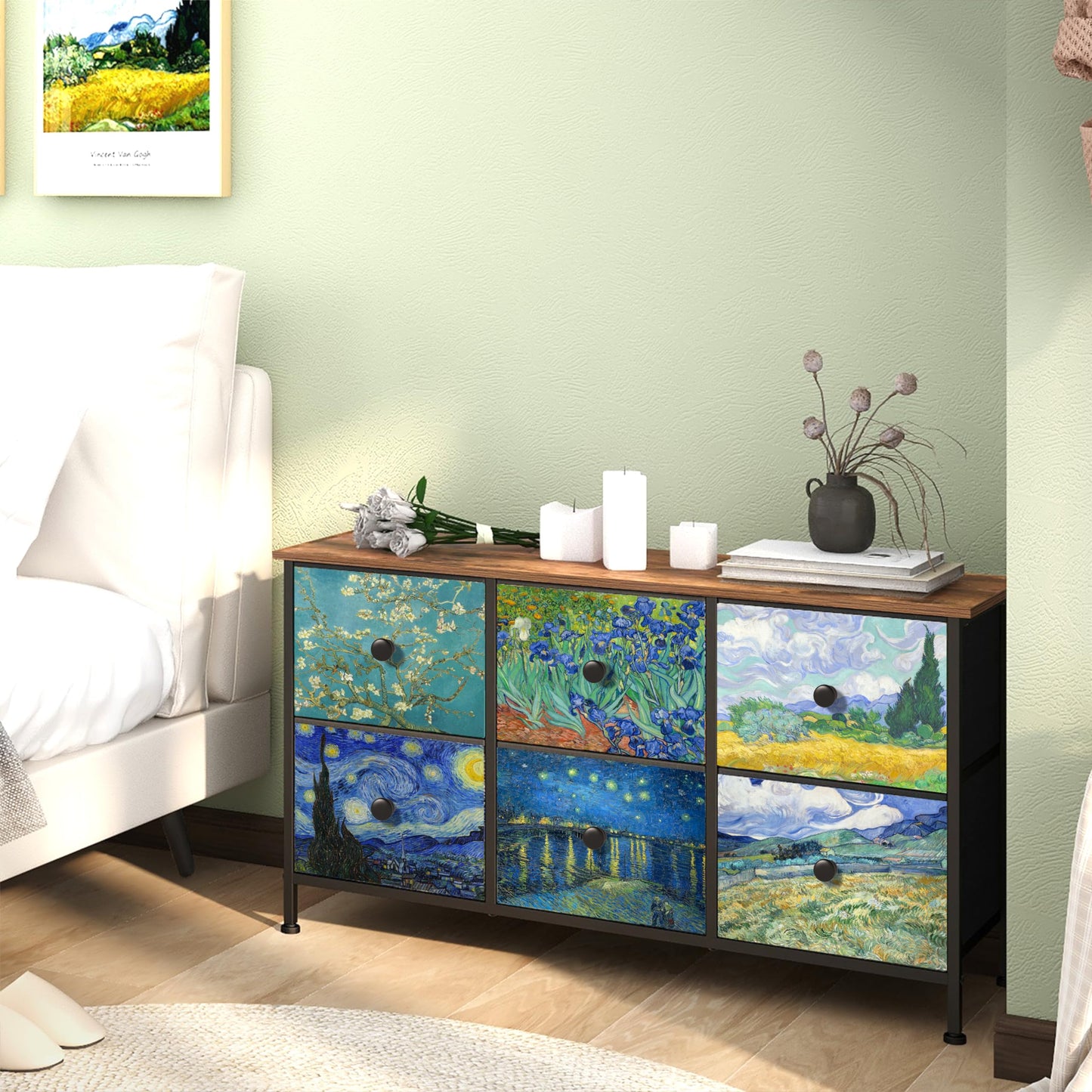 EXOTICA 6 Drawer Dresser for Bedroom Van Gogh Chest of Drawers Wide TV Stands Fabric Storage Drawer Unit for Living Room Entryway Closet Sturdy Steel Frame Wood Top