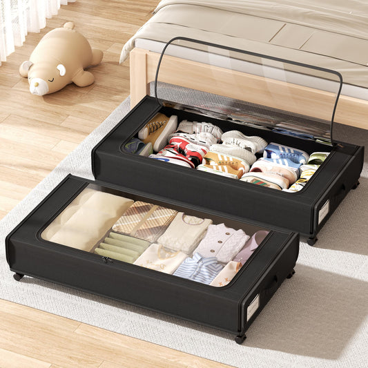 AUING XXXXL Extra Long Under Bed Storage with Wheels,BIGGEST Size Available(66L) under the bed storage Organizer with Lid&Label,Rolling Under the bed Metal Drawer for Clothes,Shoes,Toys(36x17x 6In)