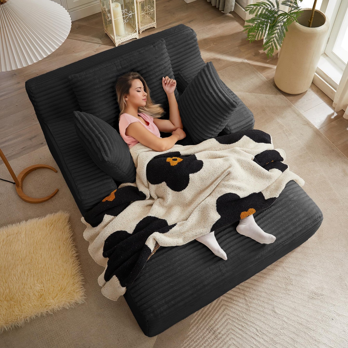 Chorlenimi Boneless Couch Sofa Chiar Chaise Lounge Chair Indoor Upholstered Corduroy Couch Cloud Sleeper Sofa Oversized Reading Chair for Living Room No Assembly Required (Black, 50" W x 67" D)