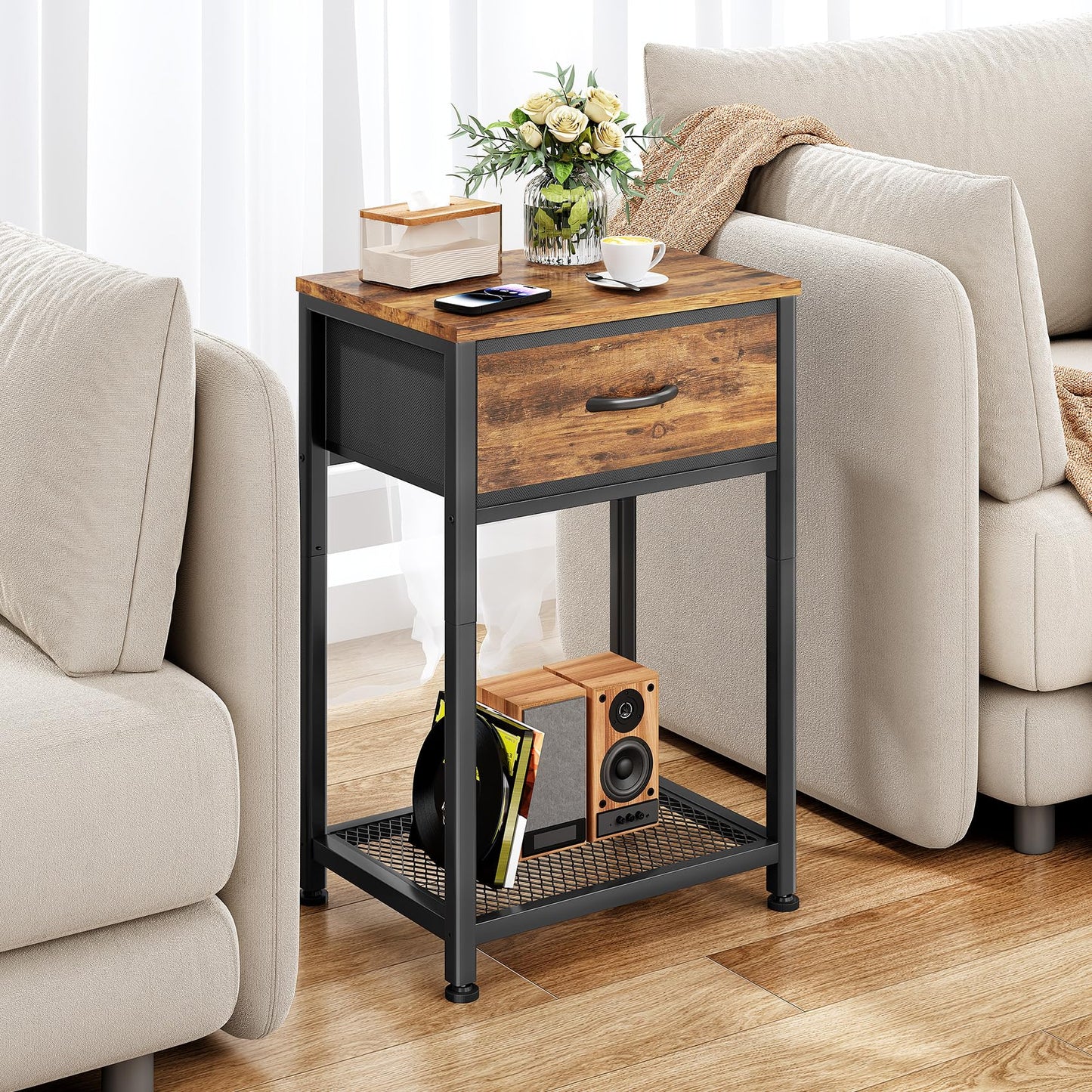 Kitstorack Night Stands Set of 2,End Tables with Drawer for Bedroom Bed Side Table for Home, Rustic Brown Wood Night Stand Bedroom Nightstands Bedside Table Set of 2