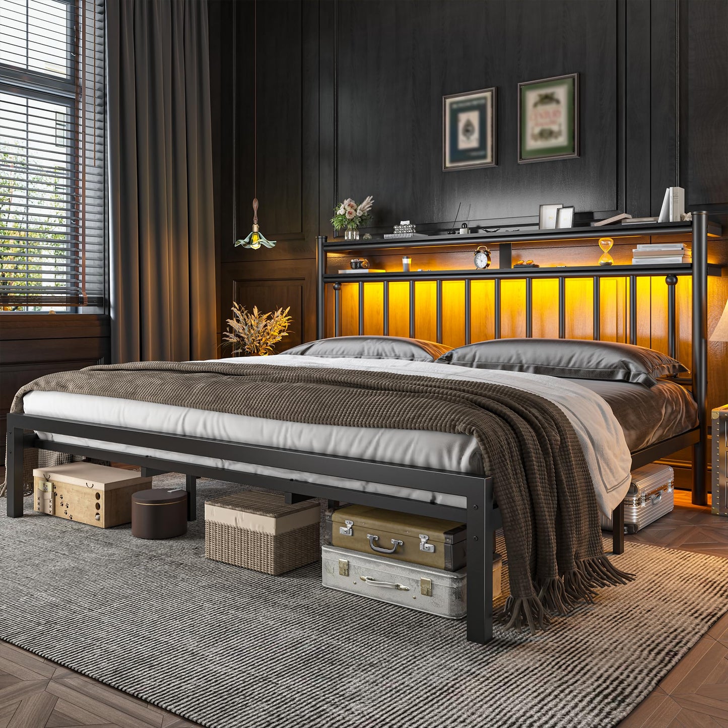 Homkdom Metal King Size Bed Frame and 2-Tier Storage Headboard, Bed Frame King Size with LED Light, Victorian Mattress Foundation Under Bed Storage/No Box Spring Needed/Noise-Free/Easy Assembly, Black