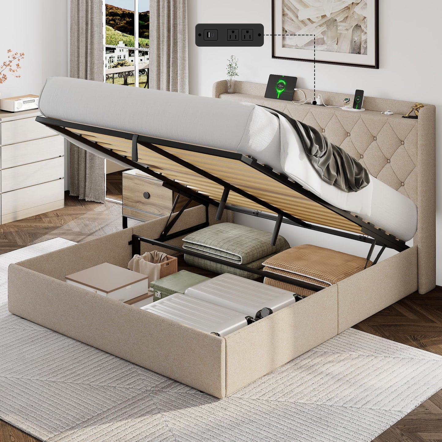 Einhomn Full Lift Up Storage Bed Frame with Charging Station, Upholstered Bed Frame with Storage, No Box Spring Needed, Noise-Free, Hydraulic Storage, Easy Assembly, Beige