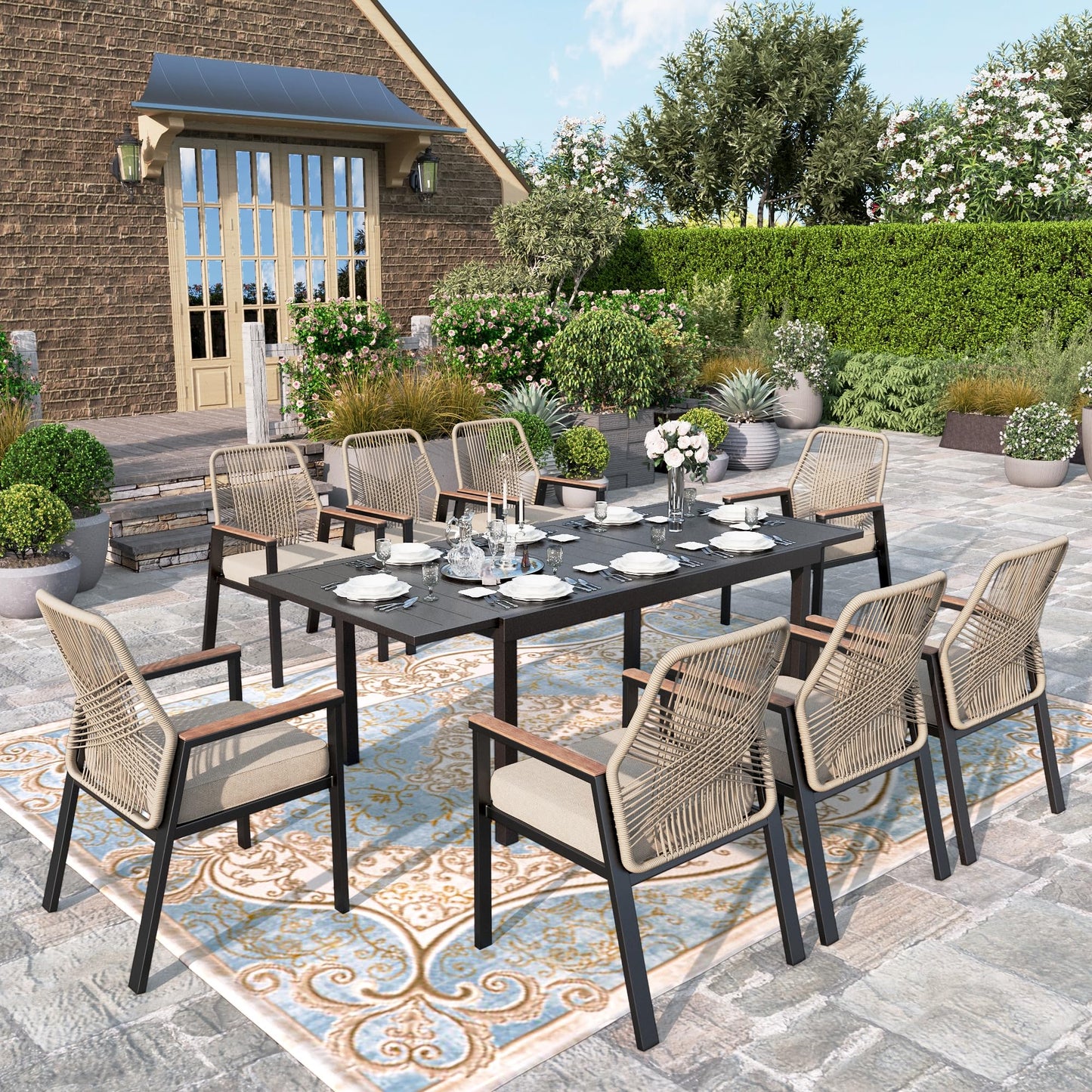 HERA'S HOUSE Outdoor Chairs Set of 4, 36.6" Rattan Dining Chairs with Heavy-Duty Wrought Iron Metal Frame, All-Weather Patio Chair for Garden Lawn Backyard Kitchen Deck