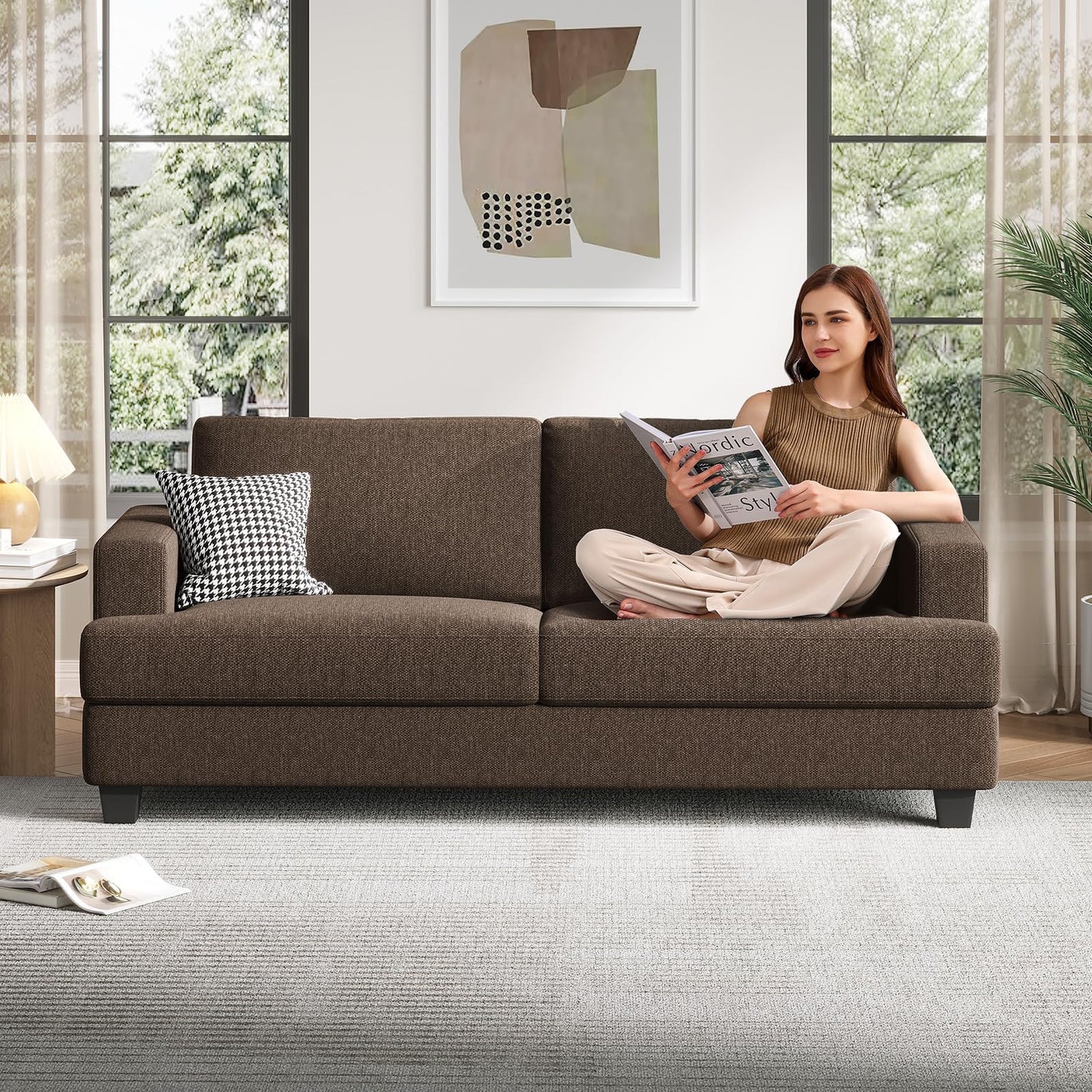 COPIAE 84 Inch Sofa with Extra Deep Seats Oversize, Linen Fabric 2 Seater Sofa for Living Room,Modern Couch and Loveseat, Comfy Armrests and Seats and Backrests, Easy Installation, Brown