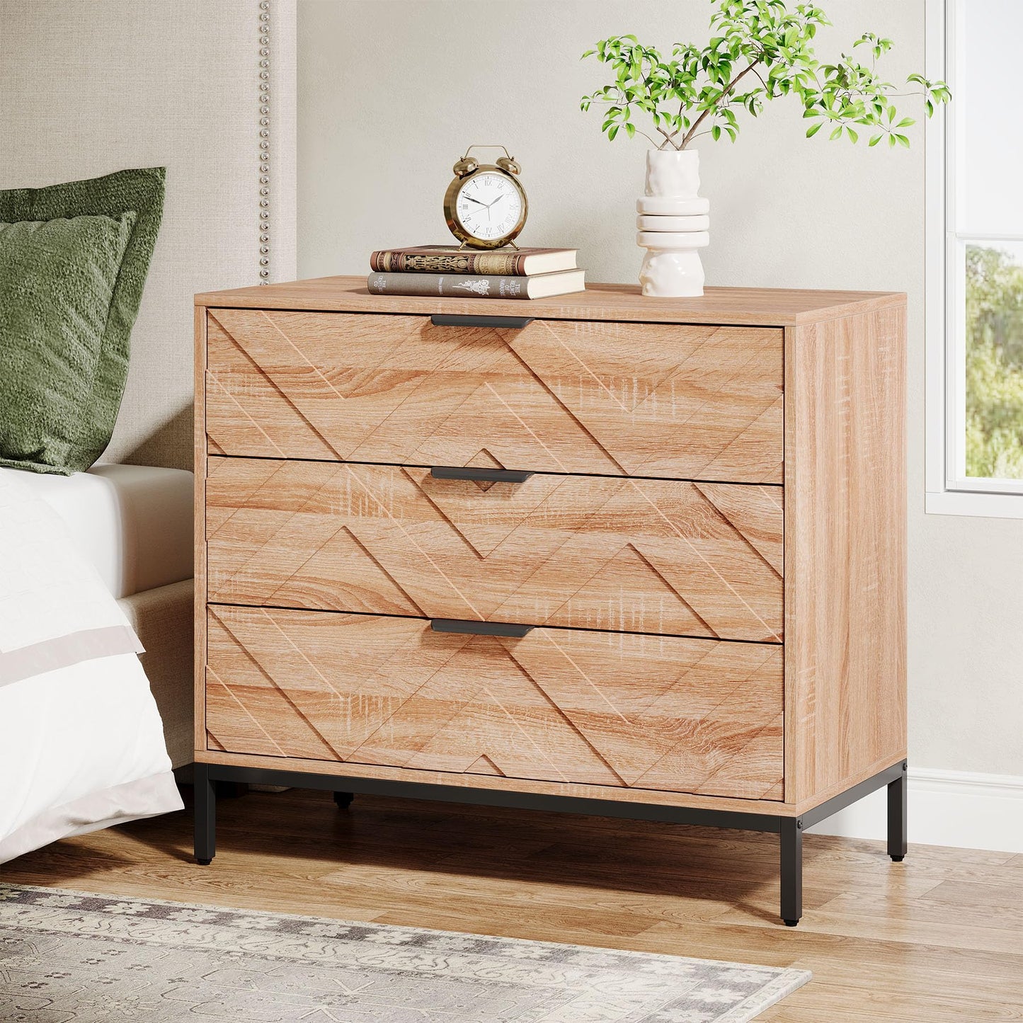 Tribesigns Wooden Nightstand with 3 Drawers, 31" Wide Night Stand with Metal Legs, Modern Large Bedside End Table for Bedroom, Living Room (1)