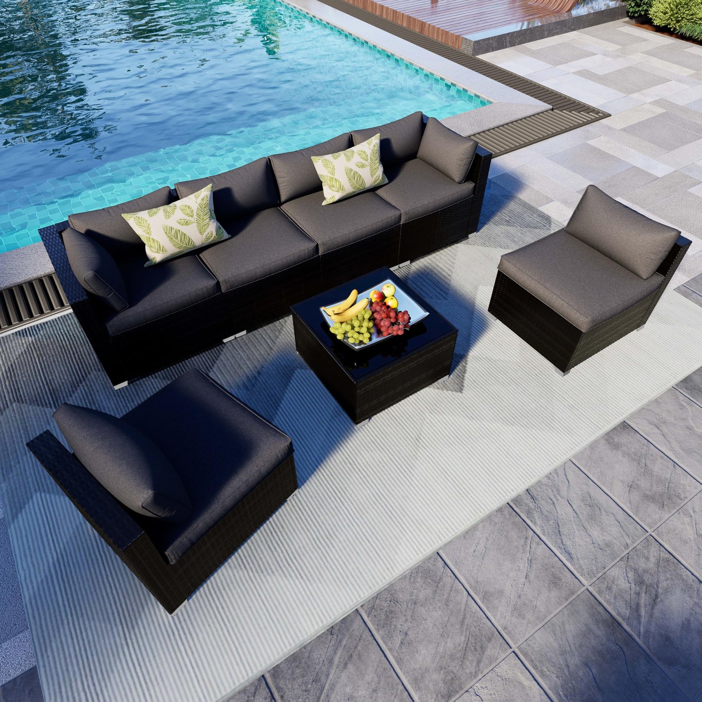 ELEGIBLISS 7 Pieces Patio Furniture Set - Outdoor Sectional Wicker Rattan Furniture with Cushion and Glass Table Patio Conversation Sets for Porch Poolside Backyard Outdoor Sofa Set Modular Sofa