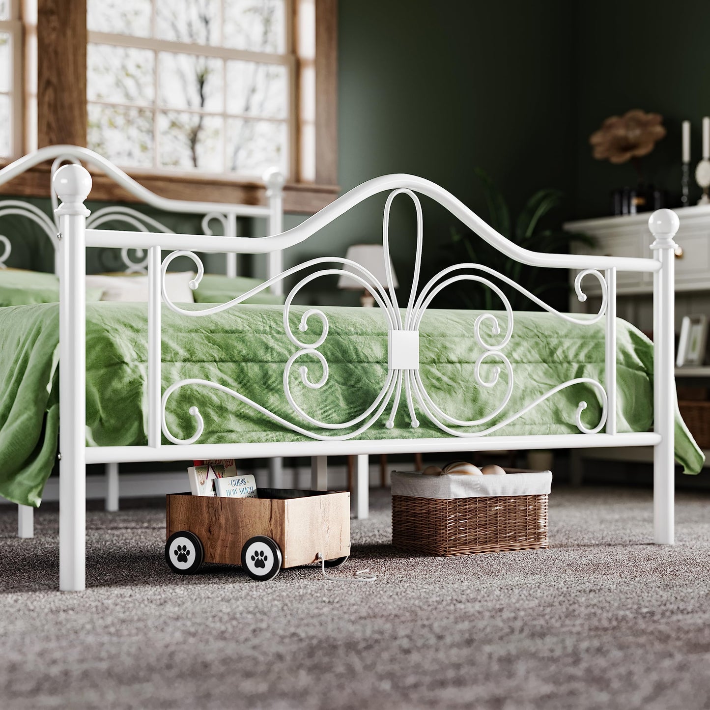 Allewie Queen Size Bed Frame with Headboard,Metal Bed Frame with Butterfly Pattern Design Headboard & Footboard,No Box Spring Needed,Easy Assembly,White