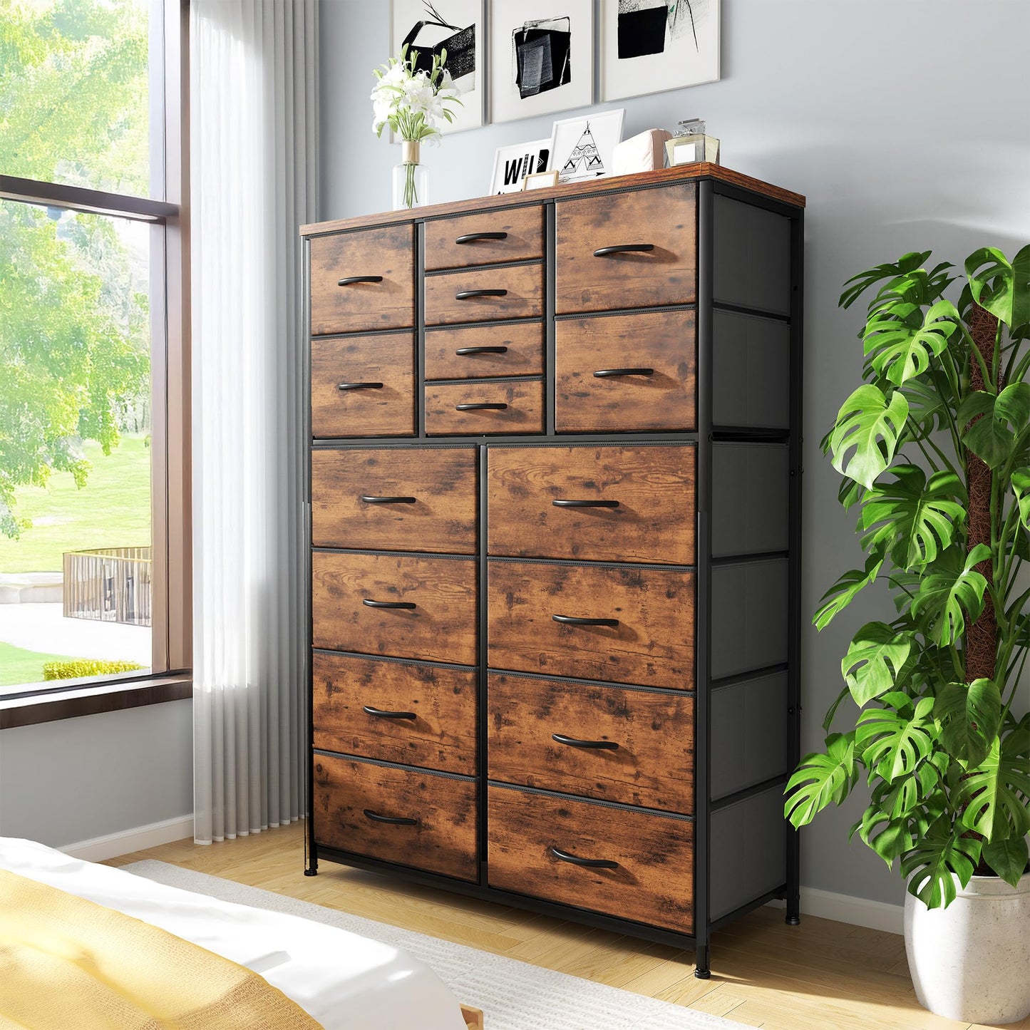 Bepatio 16 Drawers Dresser for Bedroom 57" H Tall Dressers for Bedroom Large Fabric Dressers & Chest of Drawers with Sturdy Metal Frame, Wood Top, Closet, Entryway, Hallway (Rustic Brown)