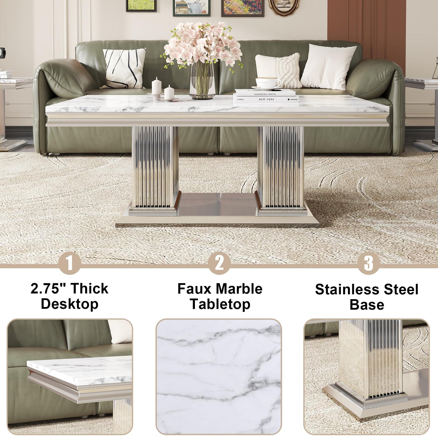 ModaWhly Modern 47" Marble Coffee Table, Large Living Room Center Table with Faux Marble top & Columnar Stainless Steel Base, Elegant White & Silver Design for Bedroom, or Reception Area