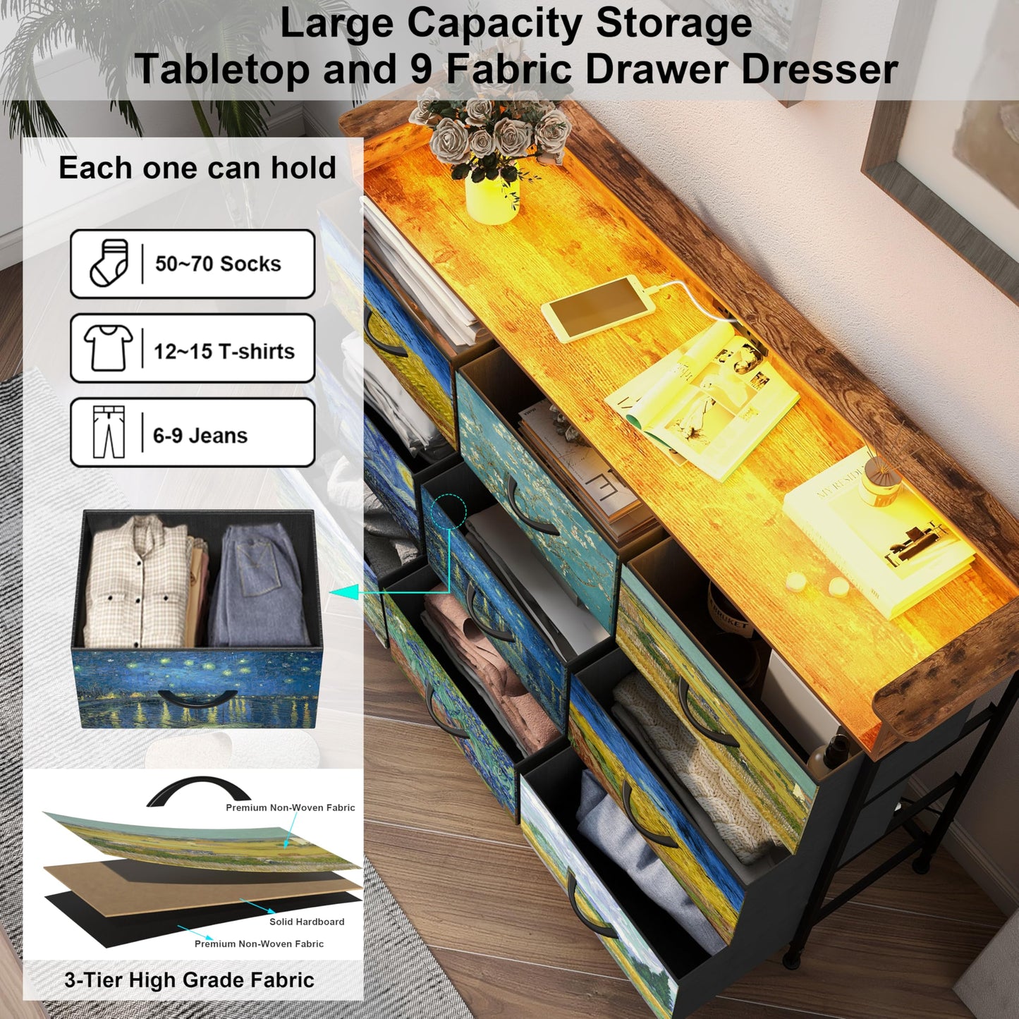 EXOTICA Welfuturer Dresser for Bedroom Van Gogh Dressers with 9 Drawers Chest of Drawers Fabric Clothes Drawer Fabric Closet Organizer for Living Room Entryway Nursery Sturdy Steel Frame Wood Top