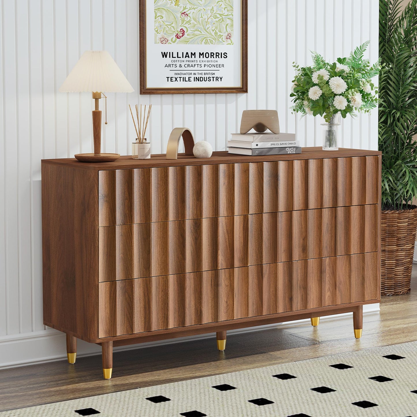 Caspellaire Fluted 6 Drawer Dresser, 53" Wide Modern Chest of Drawer, Dresser TV Stand,Wood Drawer Organizer for Bedroom, Living Room, Hallway