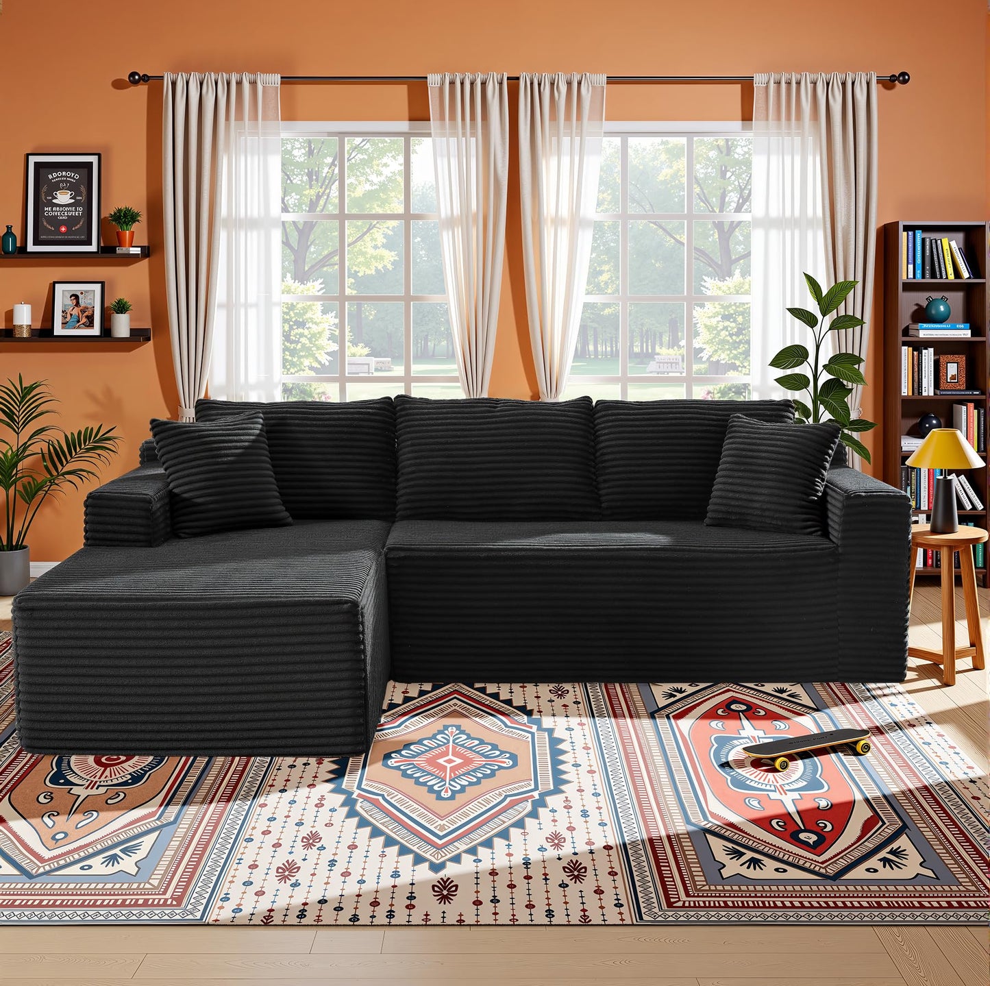 ivoros Sectional Couch with L-Shape Chaise, 103" Modular Sectional Sofa with Deep Seat, Modern Corduroy Couch, Lazy Compression Sofa for Living Room, No Assembly Required, Left, Black