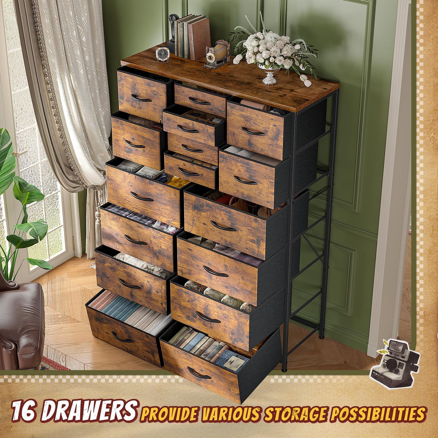 Romorgniz 57“H Tall Dresser for Bedroom with 16 Drawers,Fabric Dressers & chests of Drawers for Bedroom,Large Dresser for Closet,Sturdy Metal Frame & Wood Top,Entryway, Hallway(Rustic Brown)