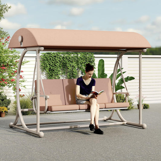 DAYARUS Modern Porch Swing with Stand, 3 Person Outdoor Patio Swings with Canopy, All Weather Backyard Swing for Adults, 2 in 1 Patio Swings Bed with Cushions, 600LBS Heavy Duty Outdoor Swing, Khaki