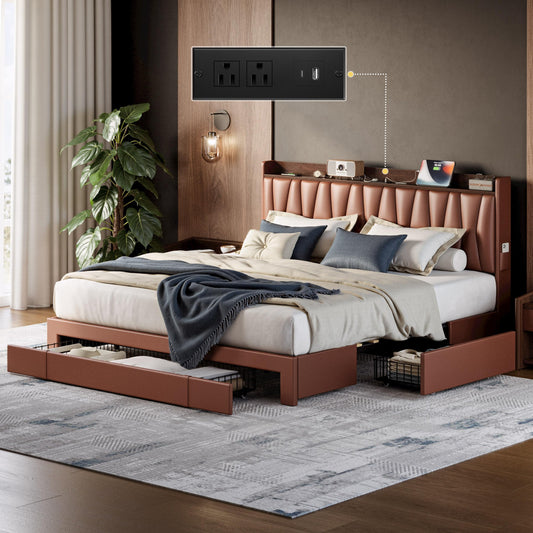ANCTOR King Bed Frame with 3 Drawers, Storage Headbord with Charging Station, Platform Storage Bed Frame for Bedroom, Living Room, No Box Spring, Faux Leather, Brown